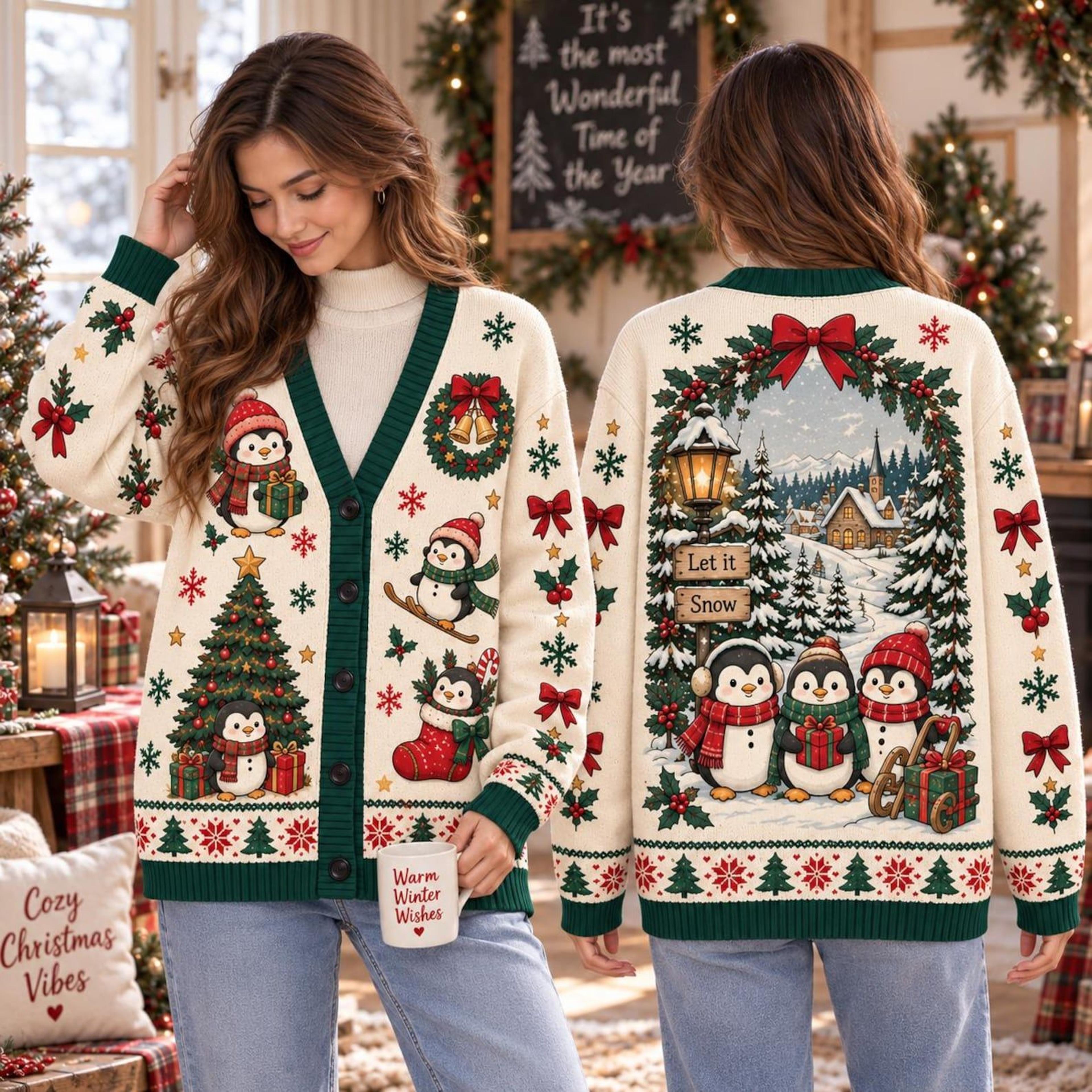 christmas penguin cardigan, unisex adult holiday sweater, let it snow winter penguin christmas tree cardigan