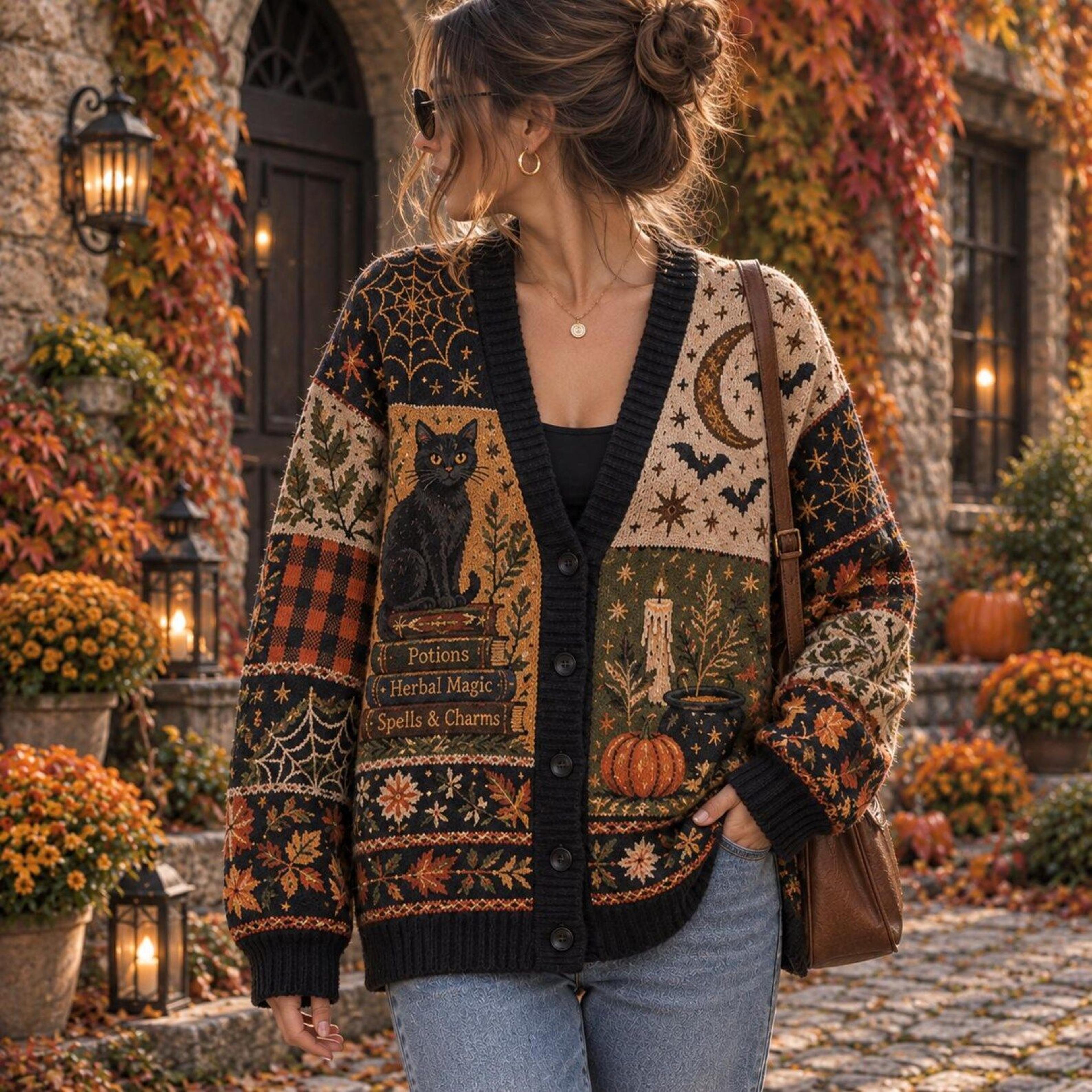 halloween black cat cardigan, unisex adult witchy autumn sweater, spooky pumpkin haunted house fall cardigan