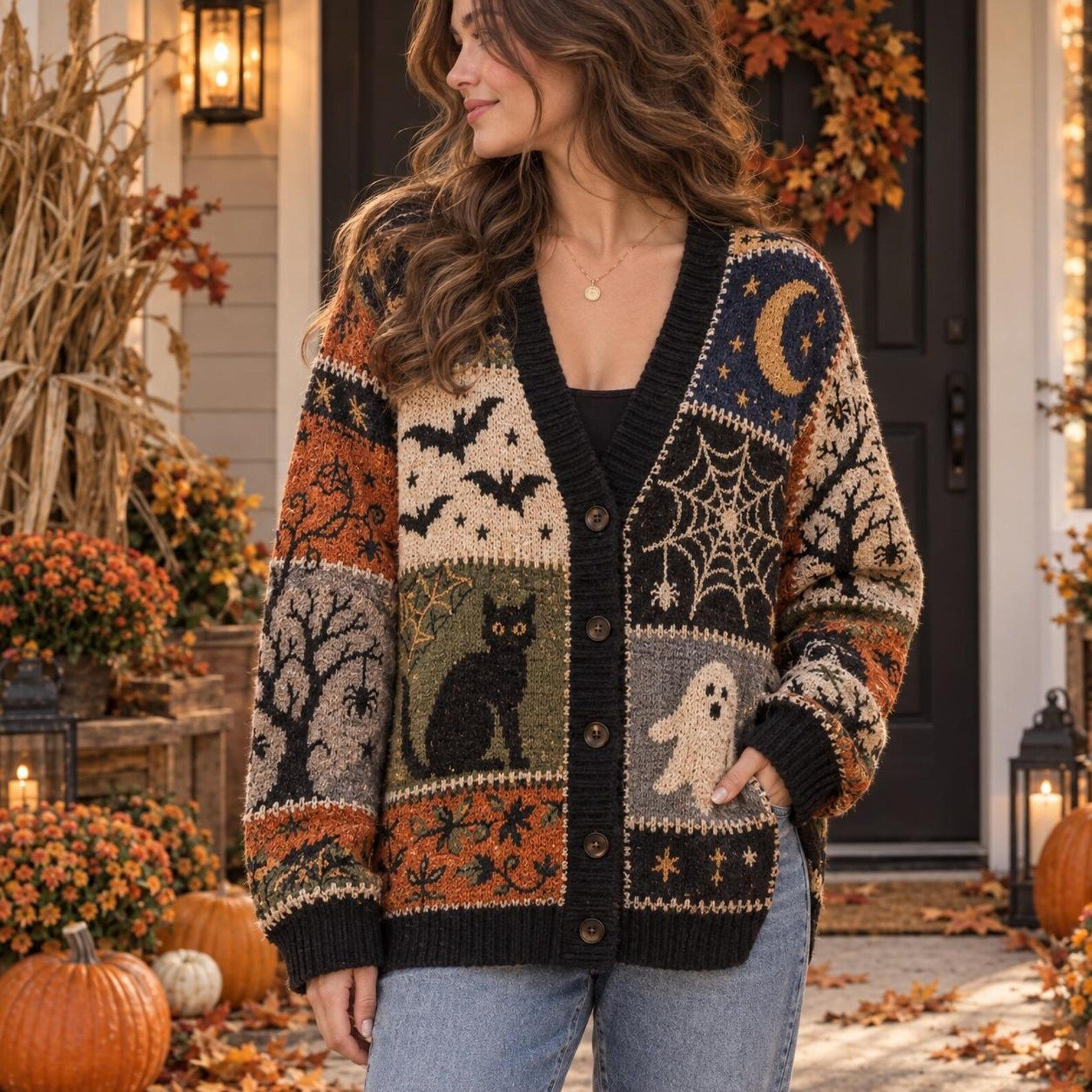 halloween patchwork cardigan, unisex adult spooky sweater, black cat ghost pumpkin bat spider web fall cardigan