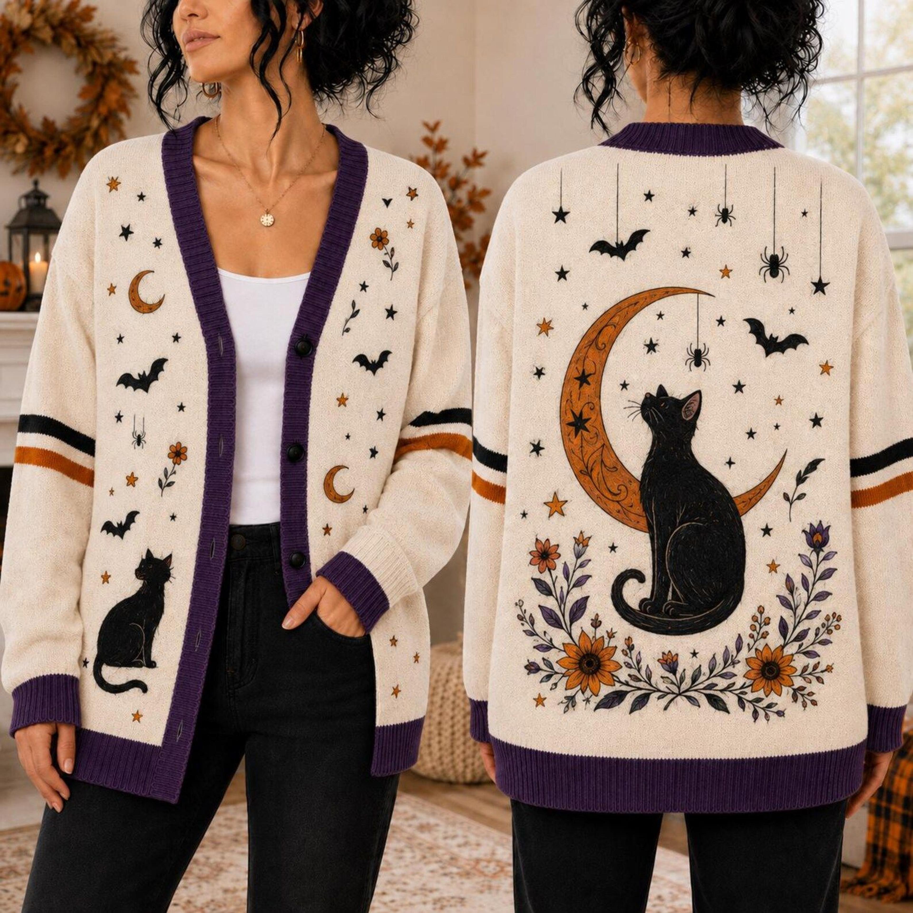 halloween black cat cardigan, unisex adult celestial cat sweater, crescent moon bat witchy spooky fall cardigan