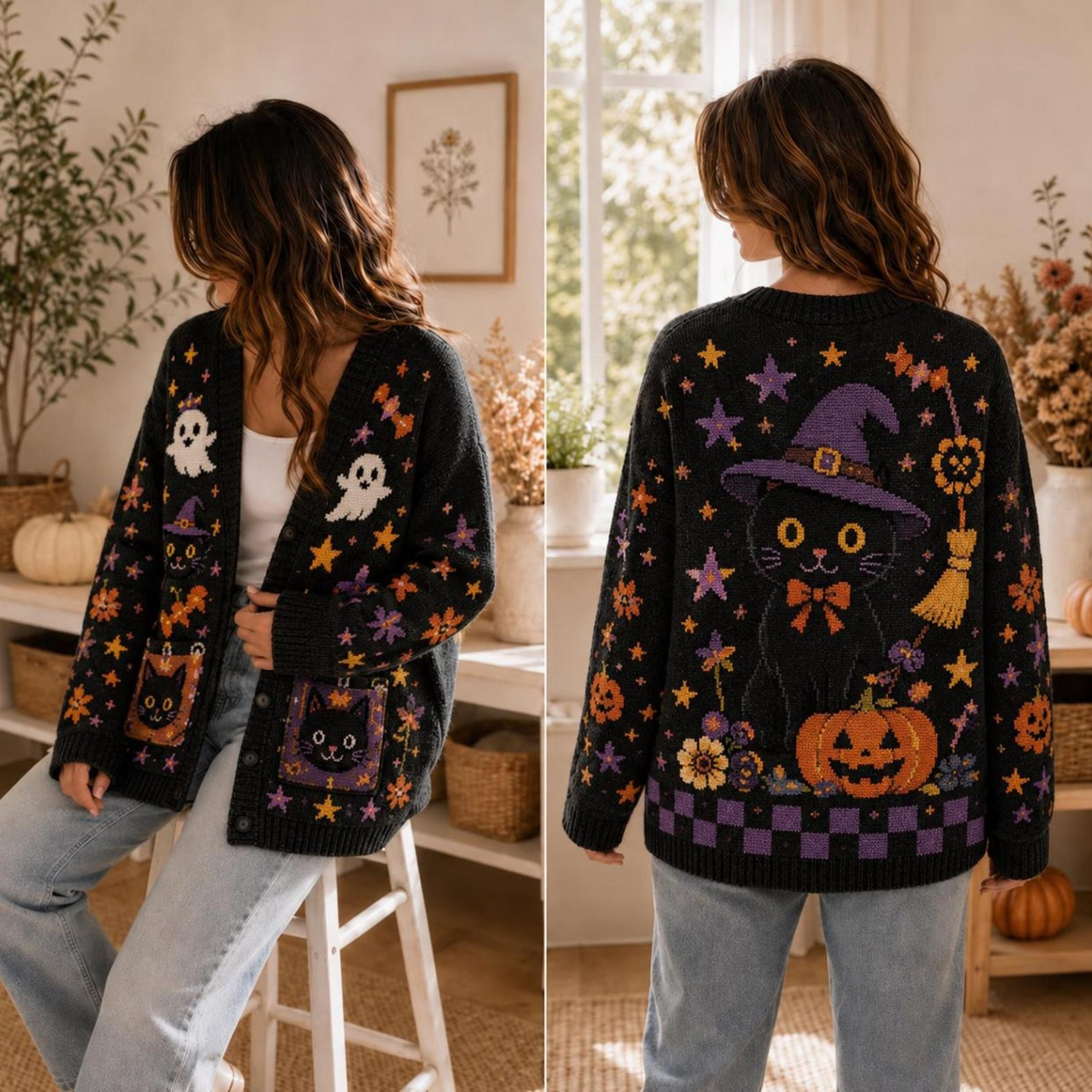 halloween witch cat cardigan, unisex adult black cat sweater, ghost pumpkin magic hat spooky fall cardigan