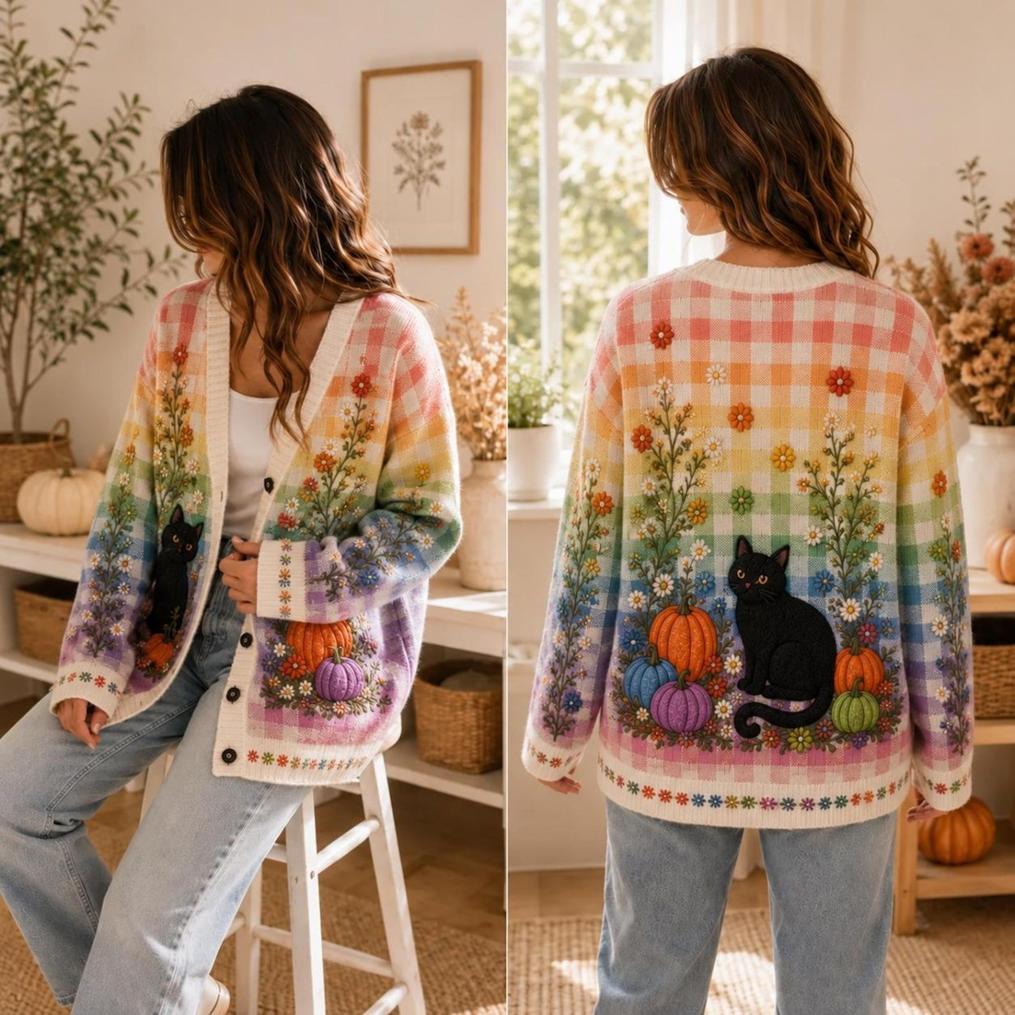 halloween black cat cardigan, unisex adult rainbow plaid fall sweater, pumpkin floral cottagecore autumn cardigan