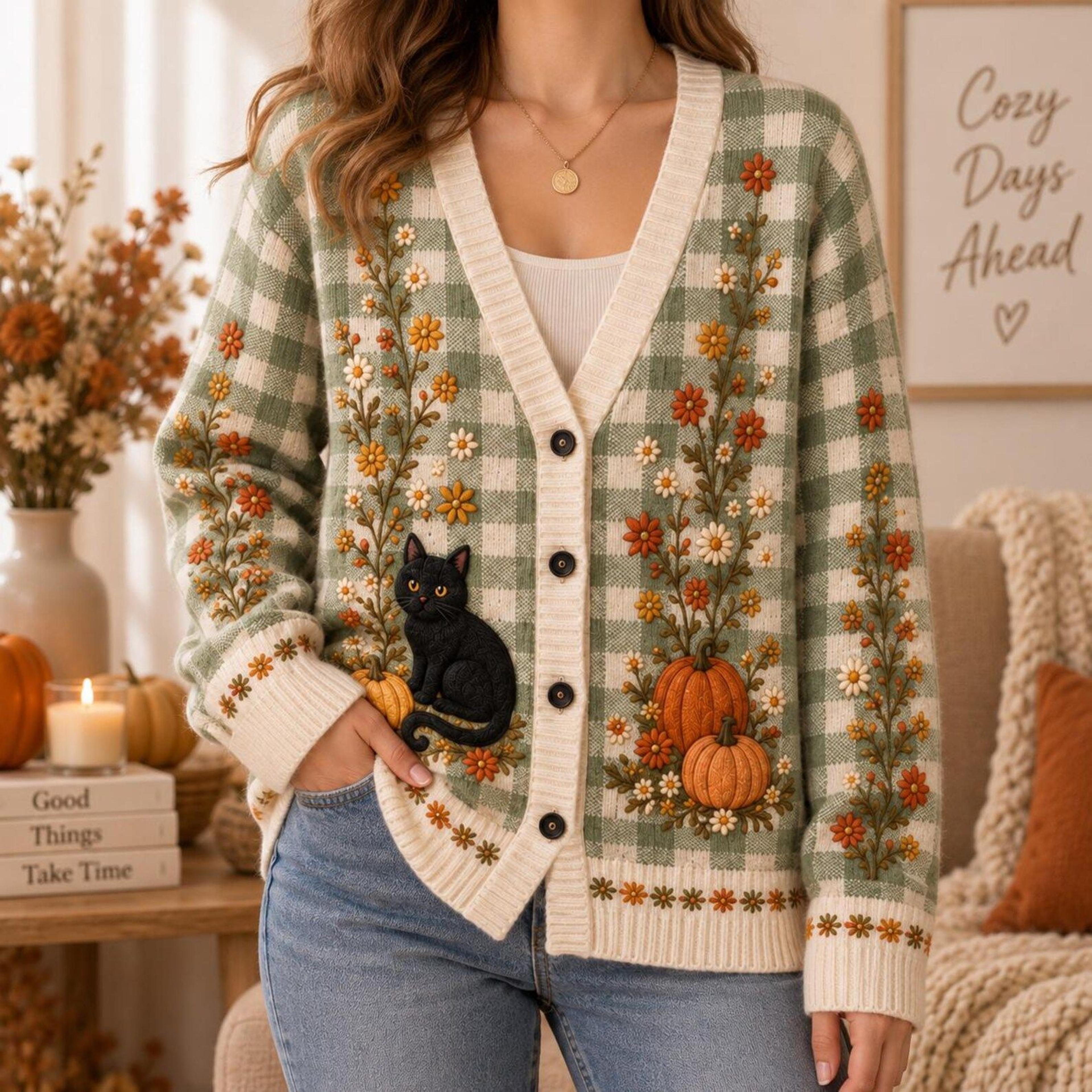 halloween black cat cardigan, unisex adult green plaid fall sweater, pumpkin wildflower cottagecore autumn cardigan