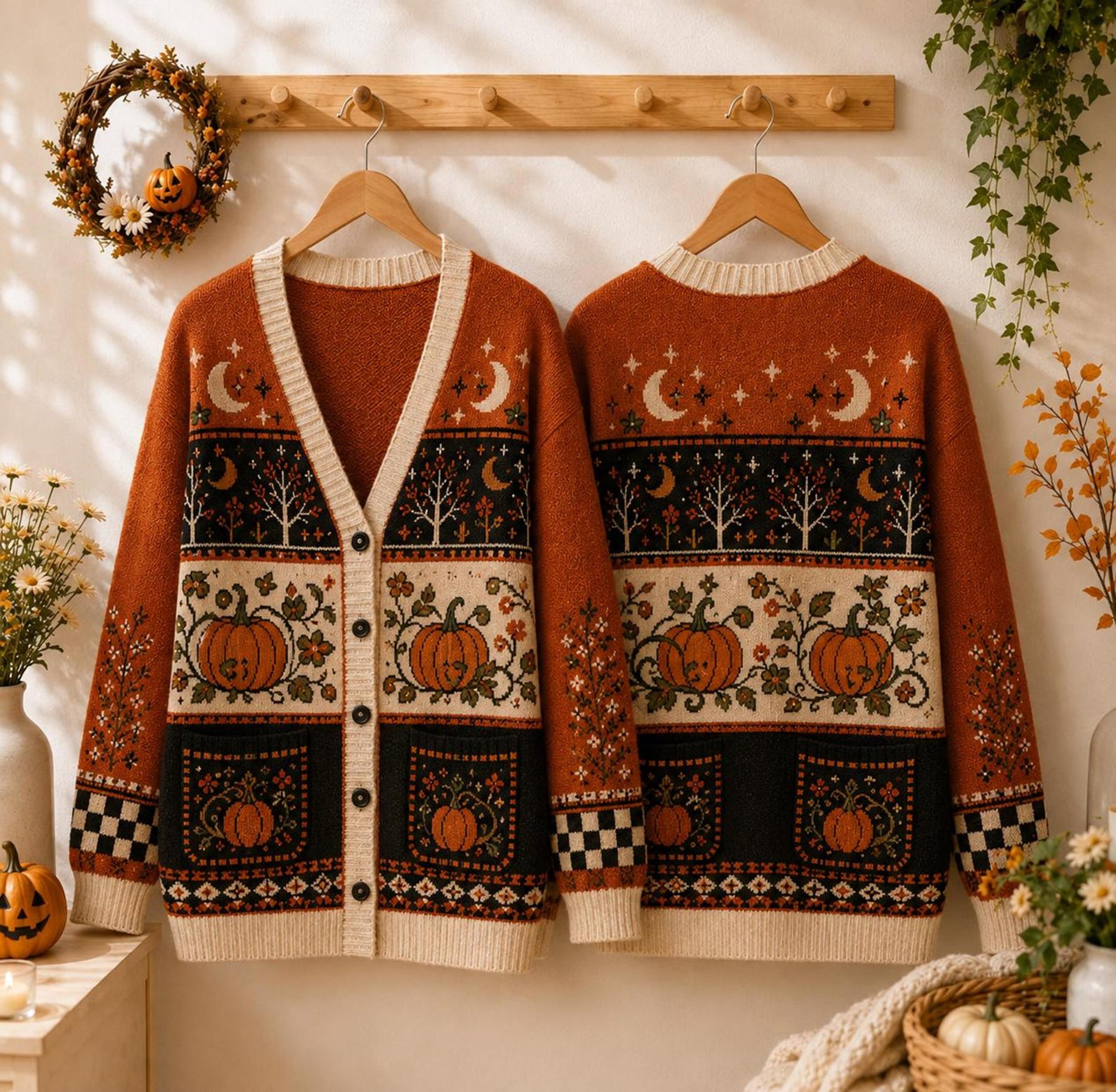 halloween pumpkin cardigan, unisex adult autumn sweater, spooky moon pumpkin fall cardigan, orange cozy halloween top