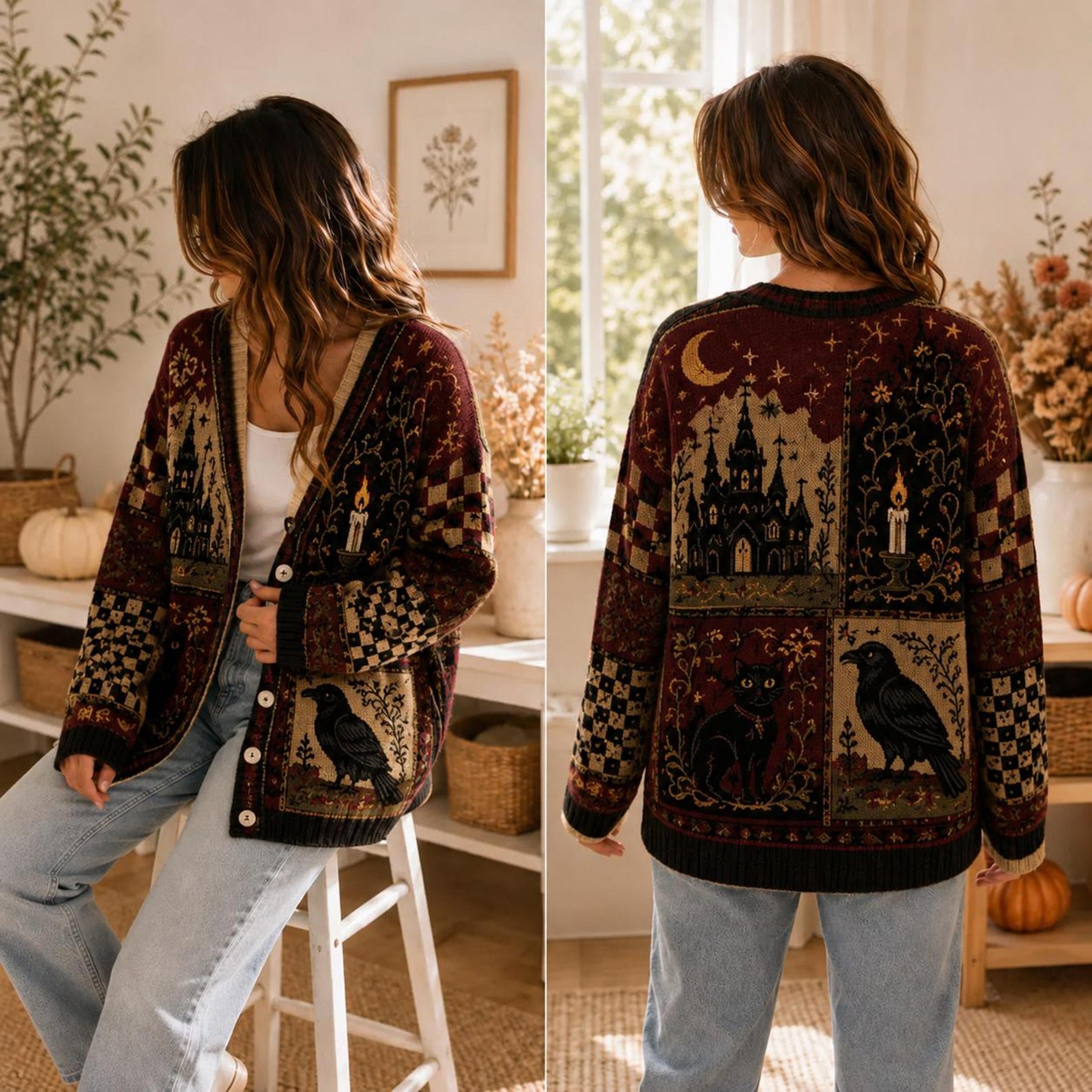 halloween raven cardigan, unisex adult gothic sweater, black cat haunted castle dark academia spooky fall cardigan