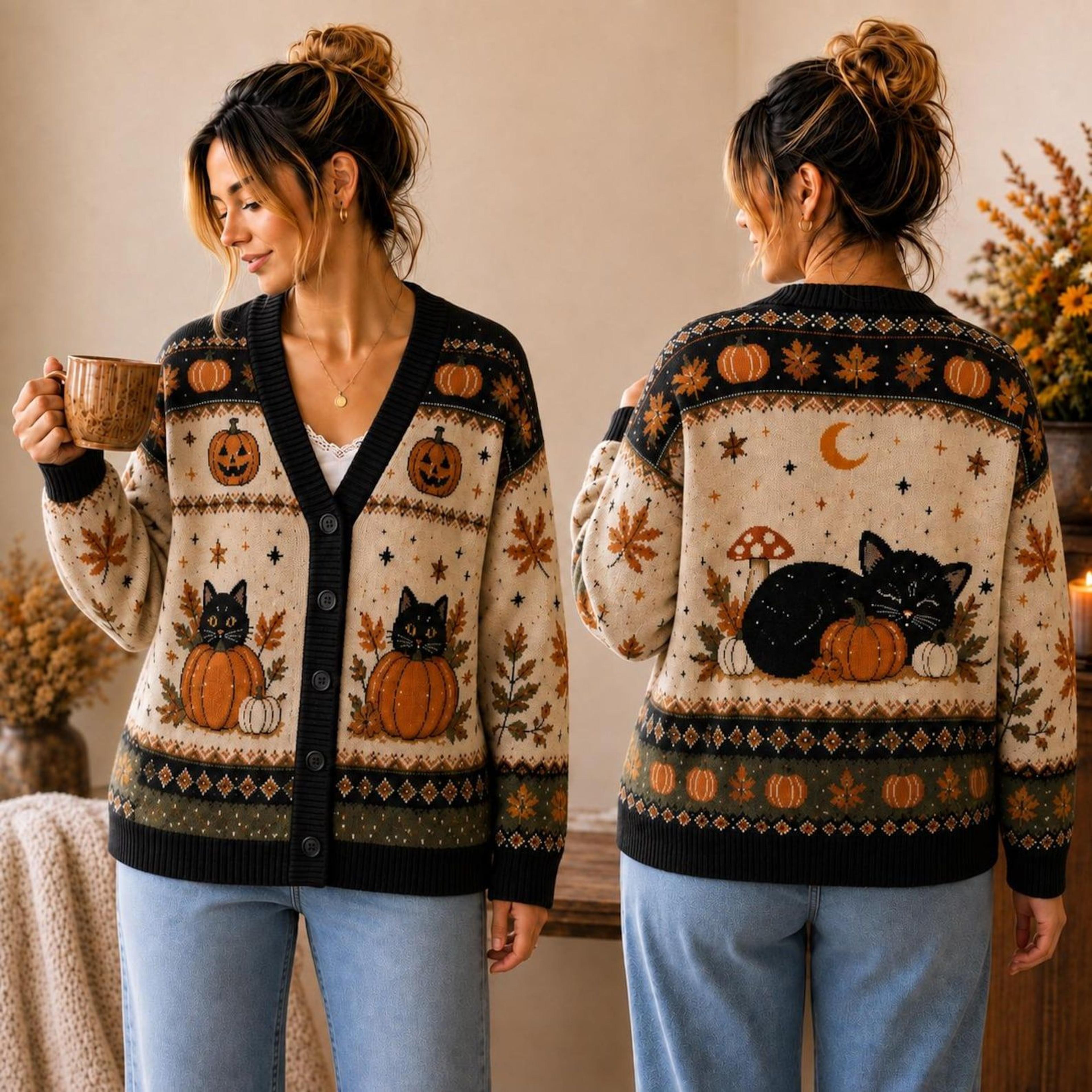 halloween black cat cardigan, unisex adult pumpkin sweater, cozy spooky autumn cat fall cardigan, halloween outfit