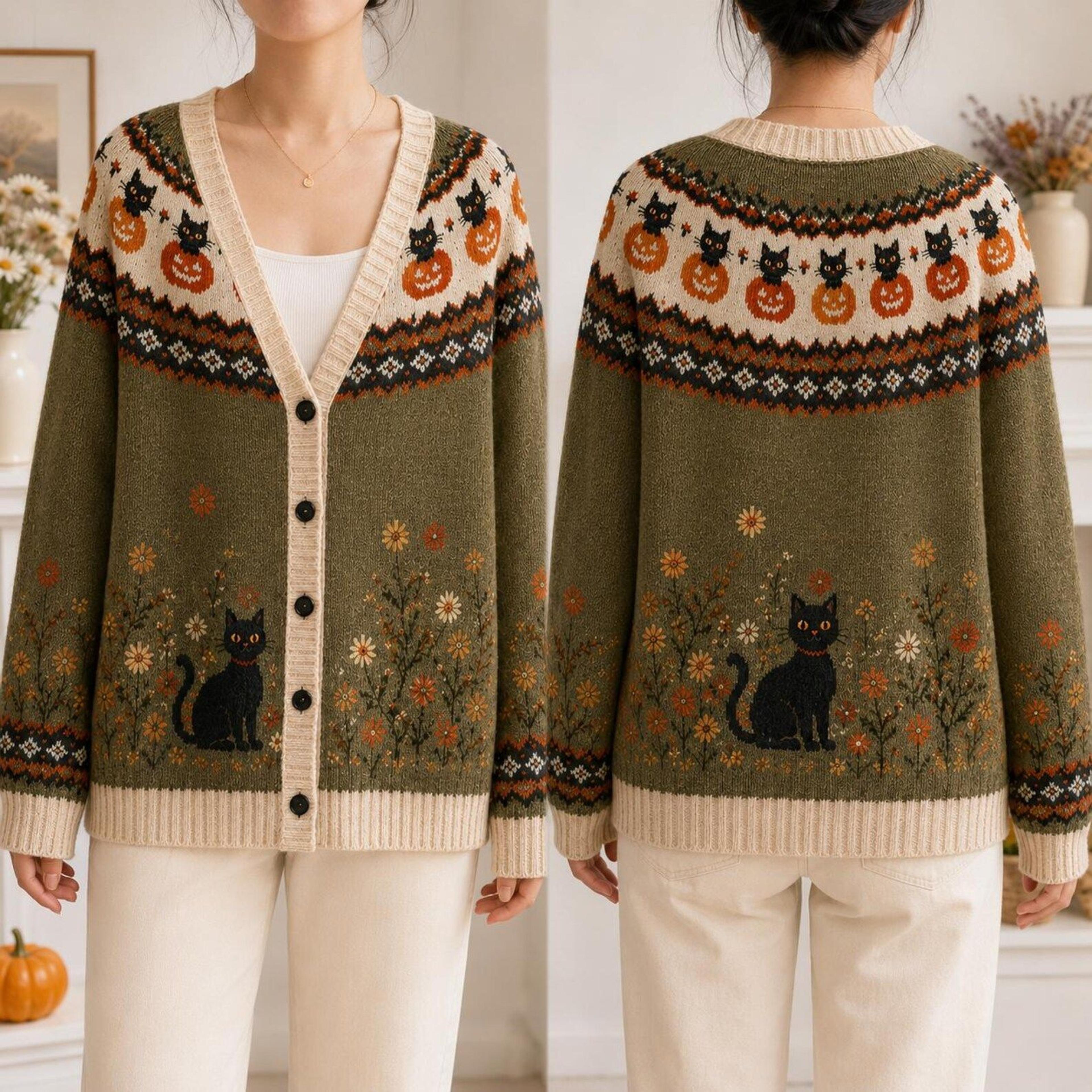 halloween black cat cardigan, unisex adult pumpkin sweater, olive green spooky autumn cat cardigan, cozy fall outfit