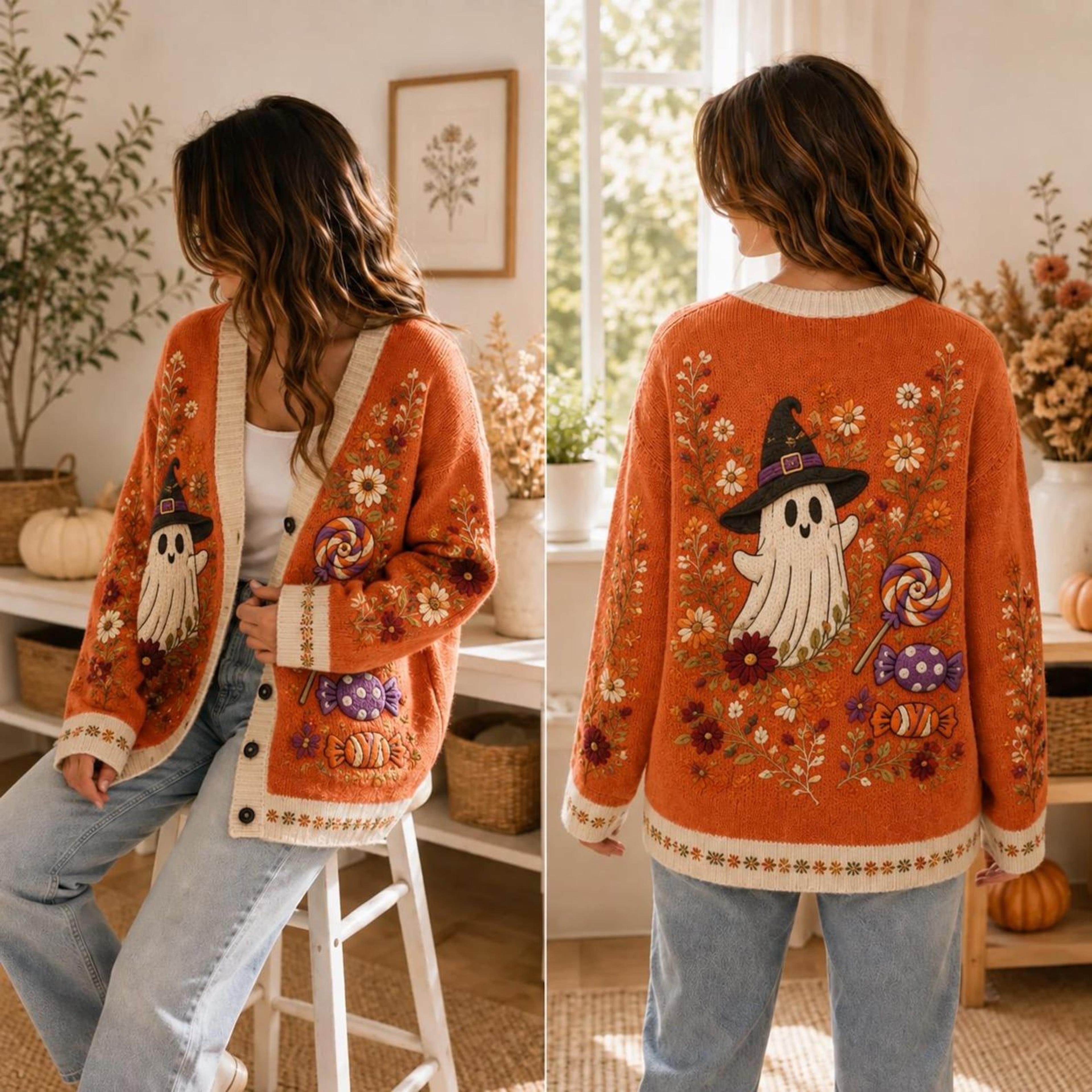 halloween ghost cardigan, unisex adult witch ghost sweater, orange candy floral spooky season cardigan, cozy fall top