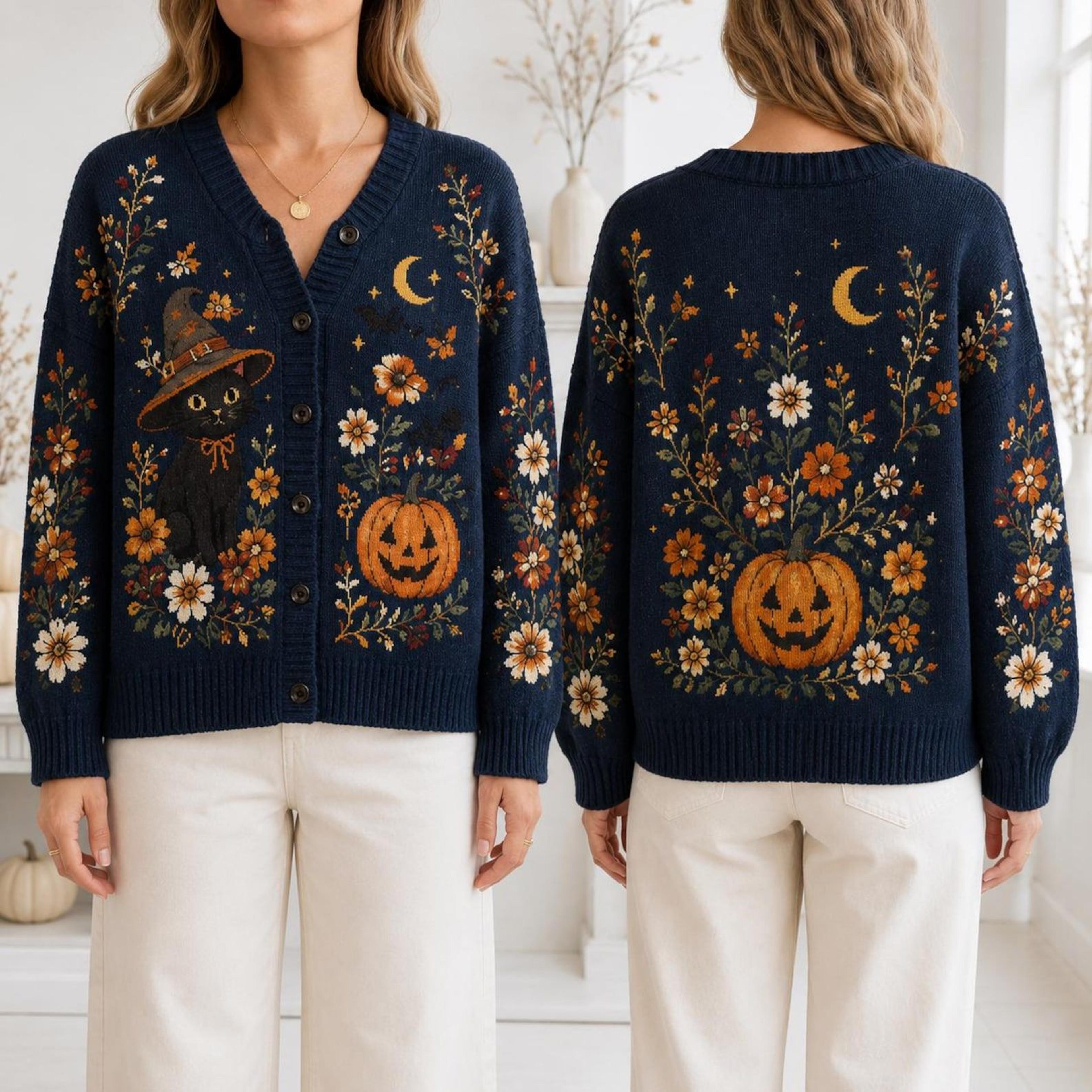 halloween black cat cardigan, unisex adult witch cat pumpkin sweater, navy blue floral spooky autumn cardigan