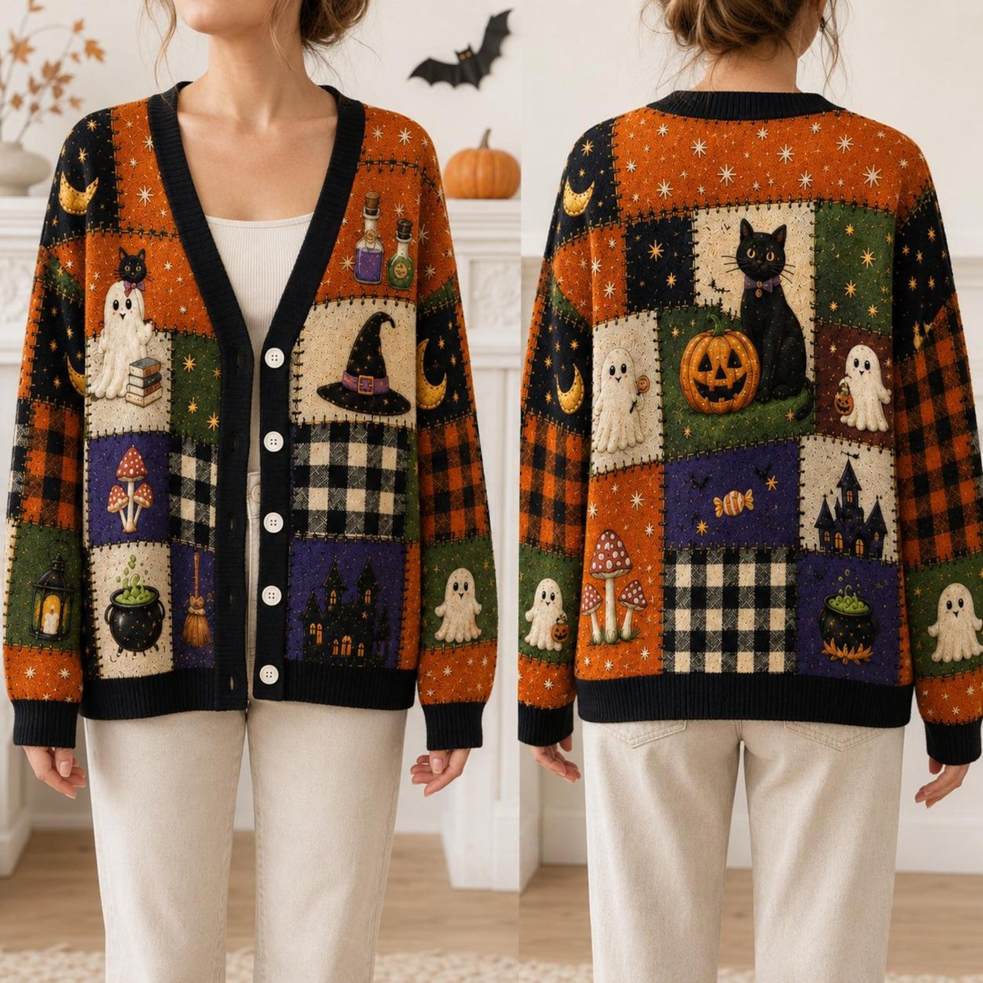 halloween patchwork cardigan, unisex adult black cat ghost pumpkin sweater, witchy spooky season fall cardigan