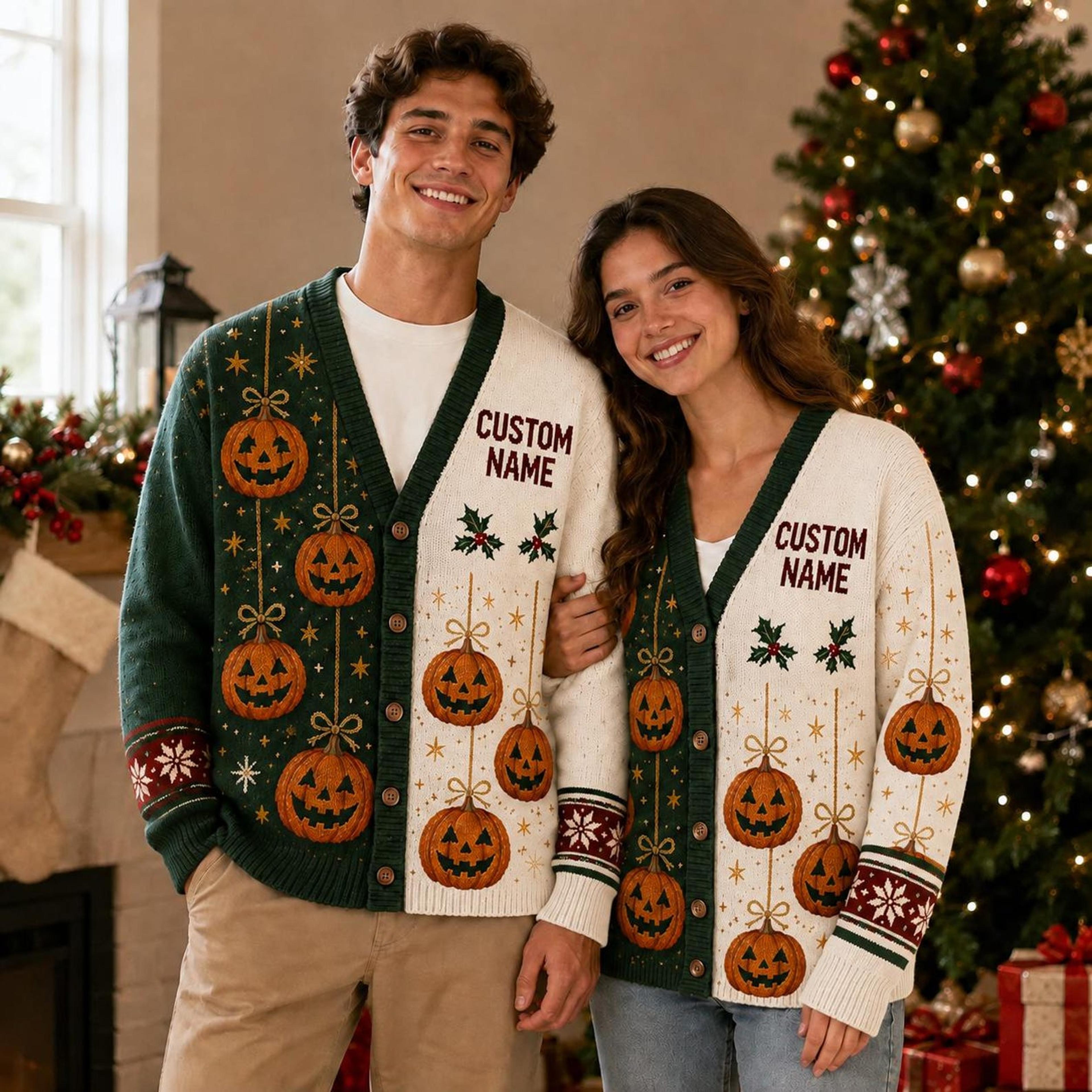 personalized halloween pumpkin cardigan, custom name unisex adult fall sweater, jack o lantern autumn cardigan