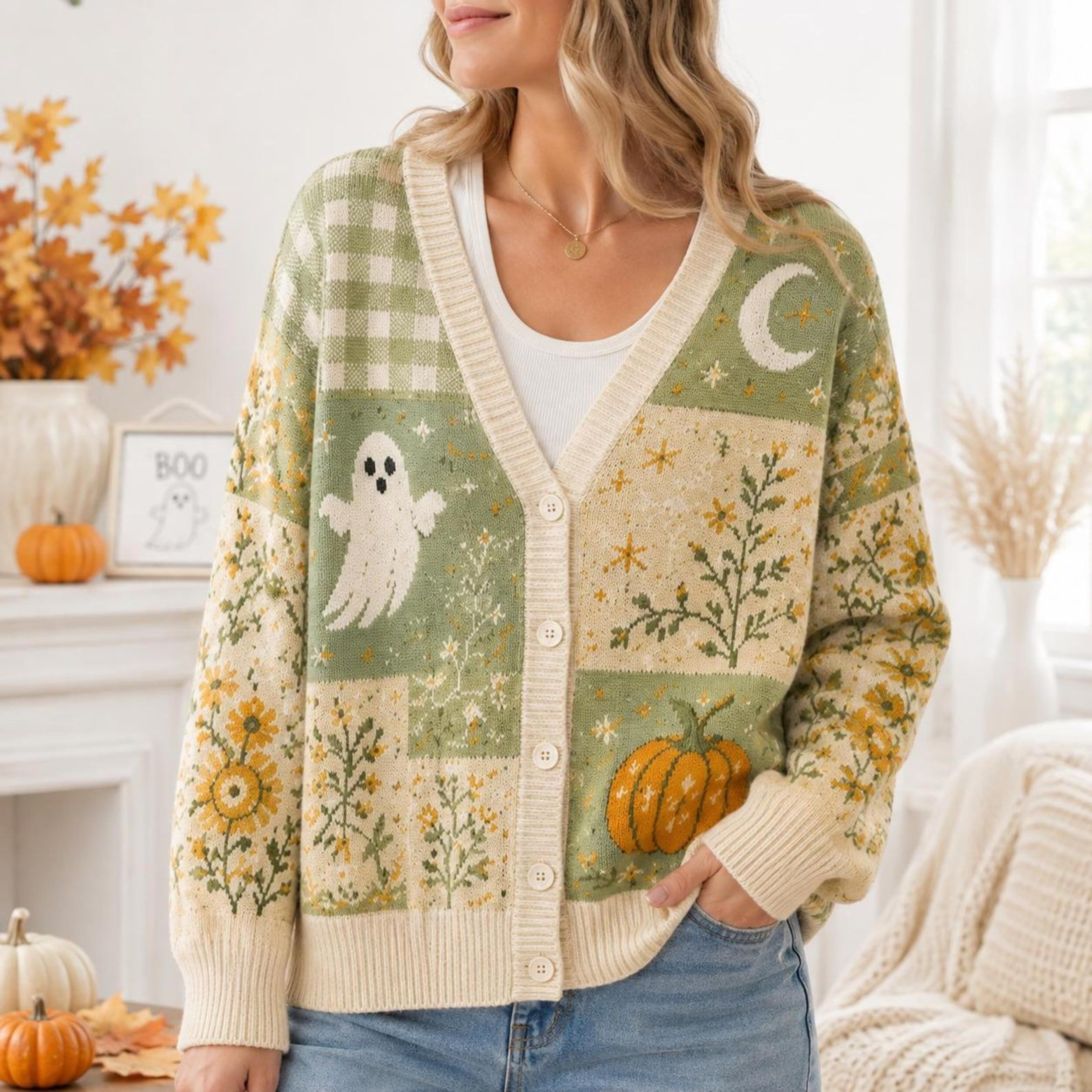 halloween ghost pumpkin cardigan, unisex adult sage green fall sweater, cottagecore floral moon autumn cardigan