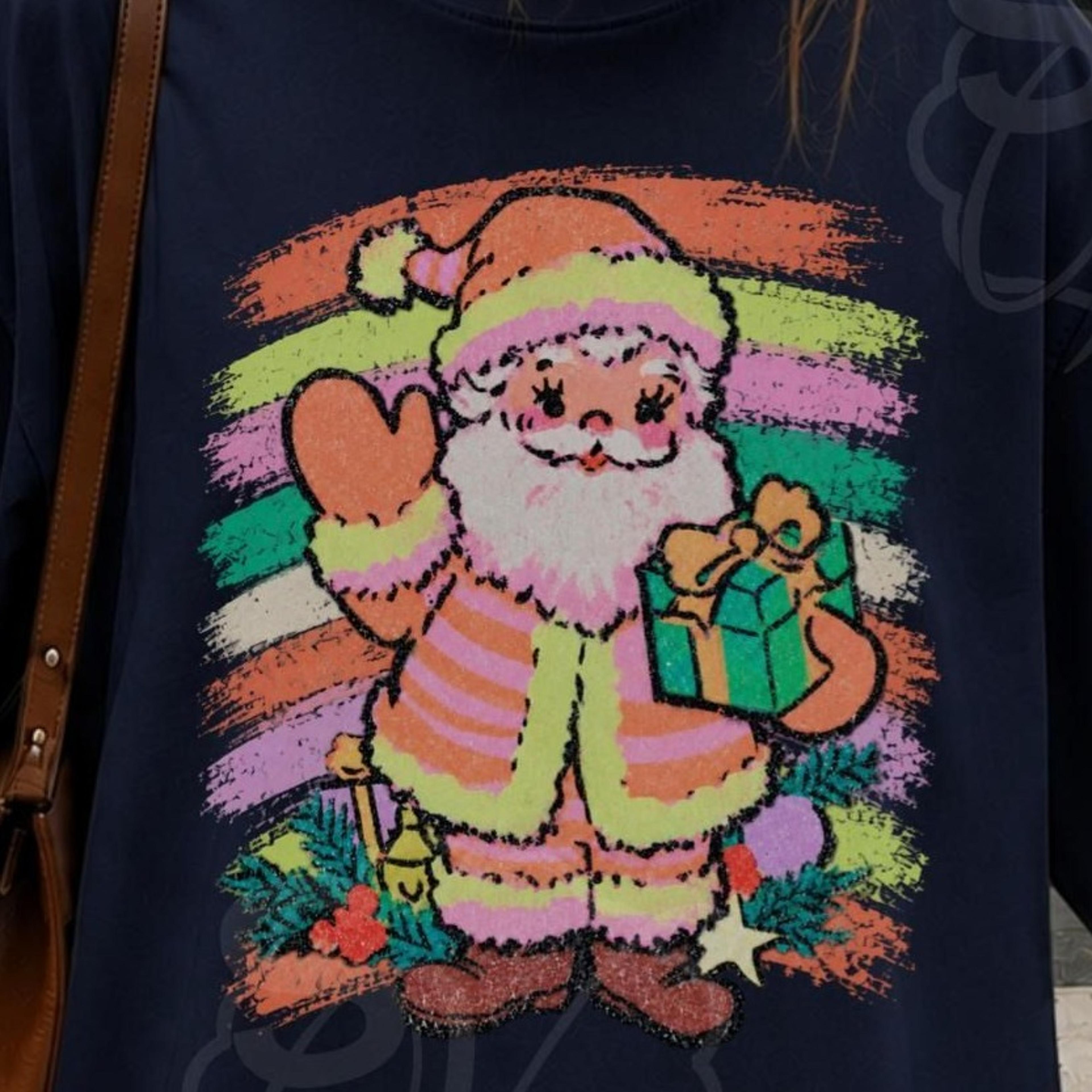 retro santa claus t-shirt, vintage christmas shirt for women, colorful santa claus sweater look, christmas outfit