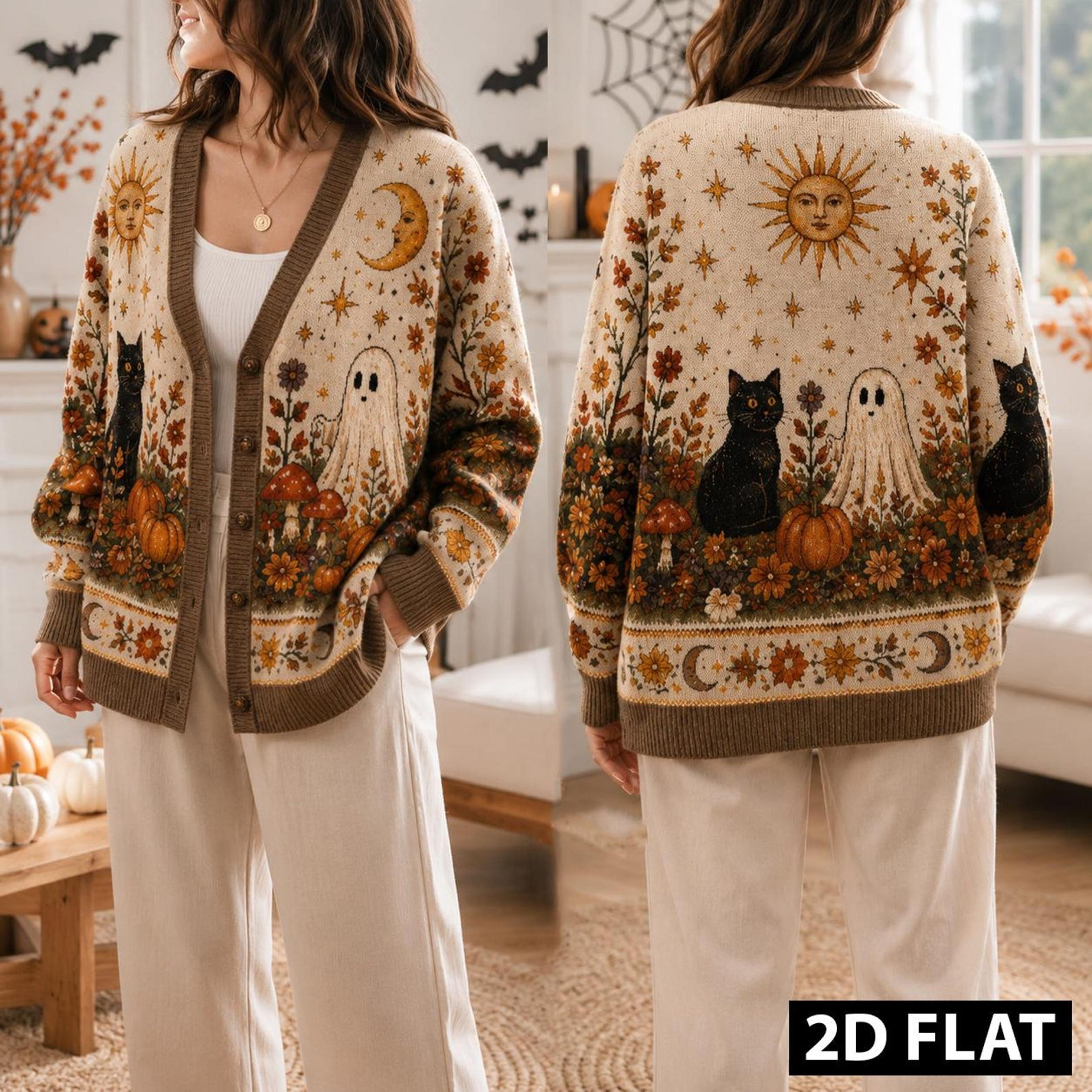 halloween ghost black cat cardigan, unisex adult pumpkin moon floral fall sweater, vintage spooky autumn cardigan