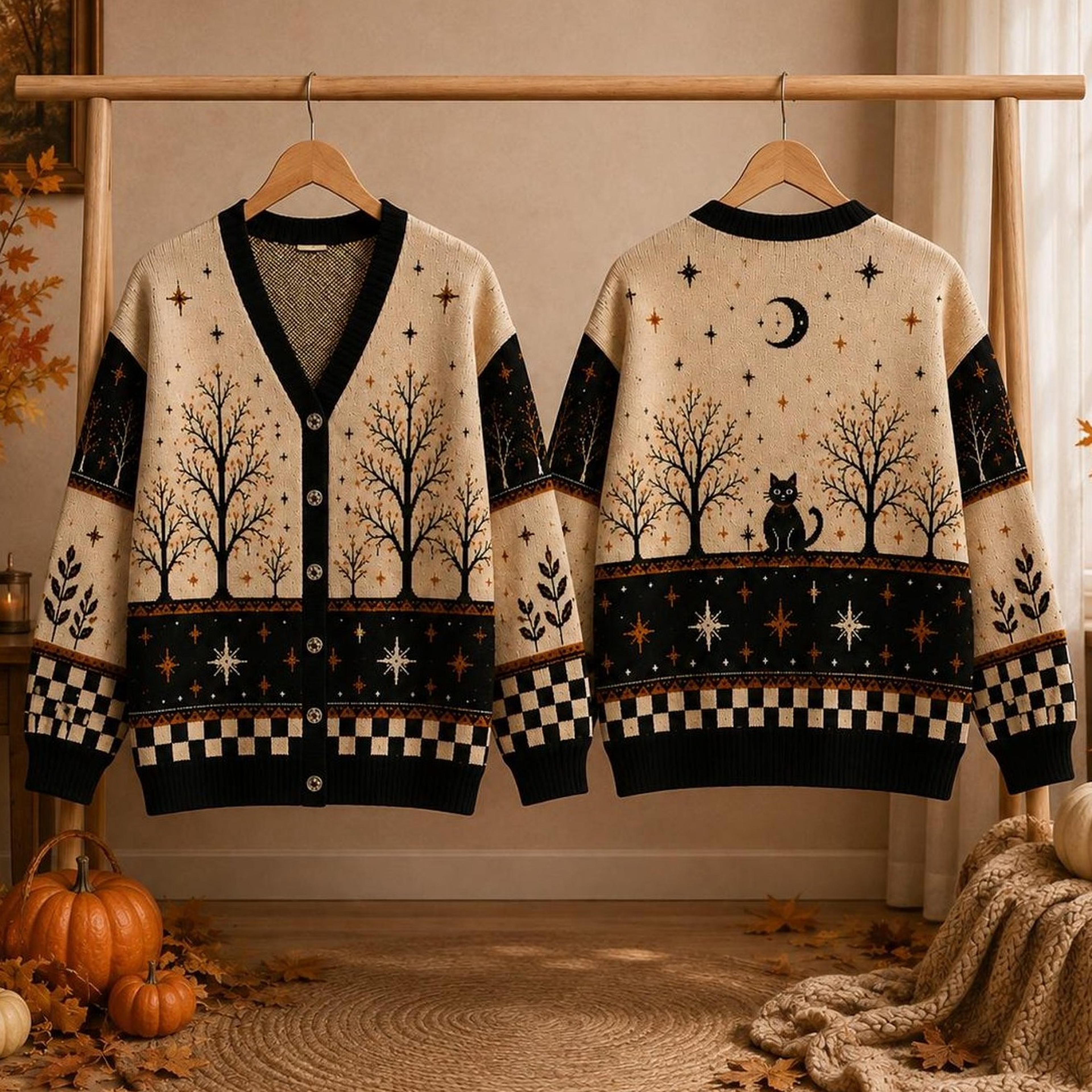 halloween black cat cardigan, unisex adult moon tree fall sweater, vintage spooky checkerboard autumn cardigan