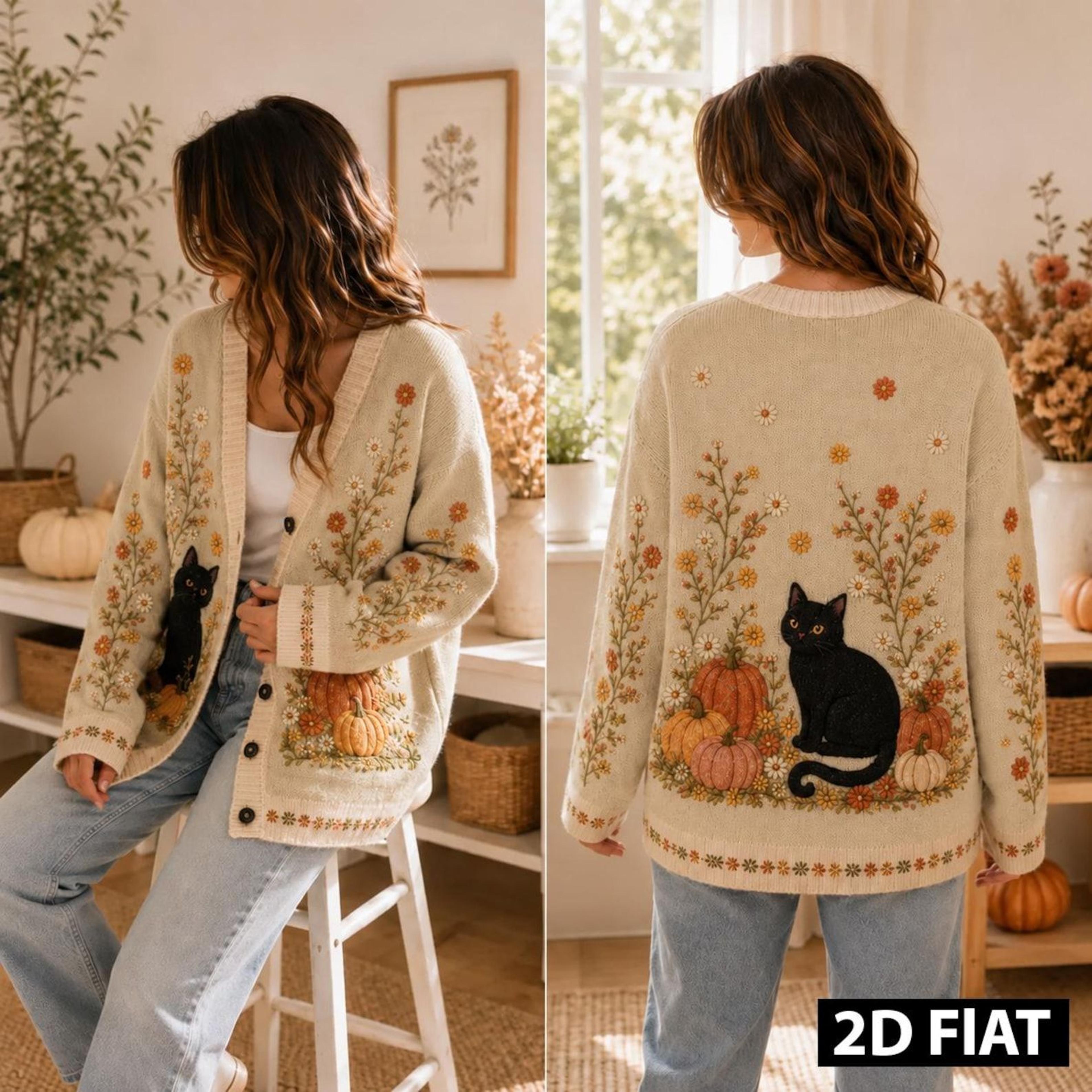 black cat pumpkin cardigan, unisex adult autumn floral sweater, cottagecore fall harvest cardigan, cozy pumpkin top