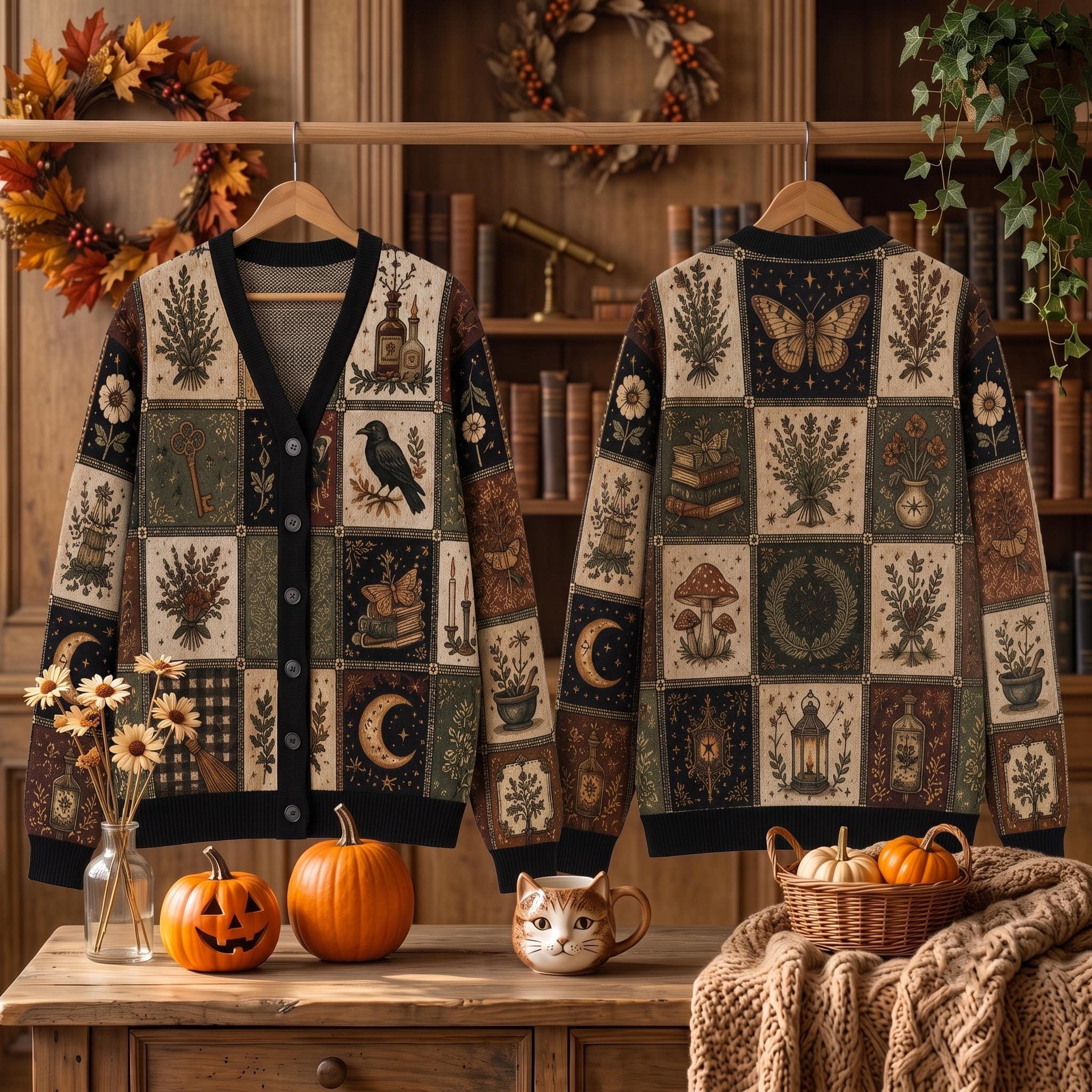 vintage witchy cardigan, unisex adult dark academia sweater, raven butterfly moon botanical cottagecore fall cardigan