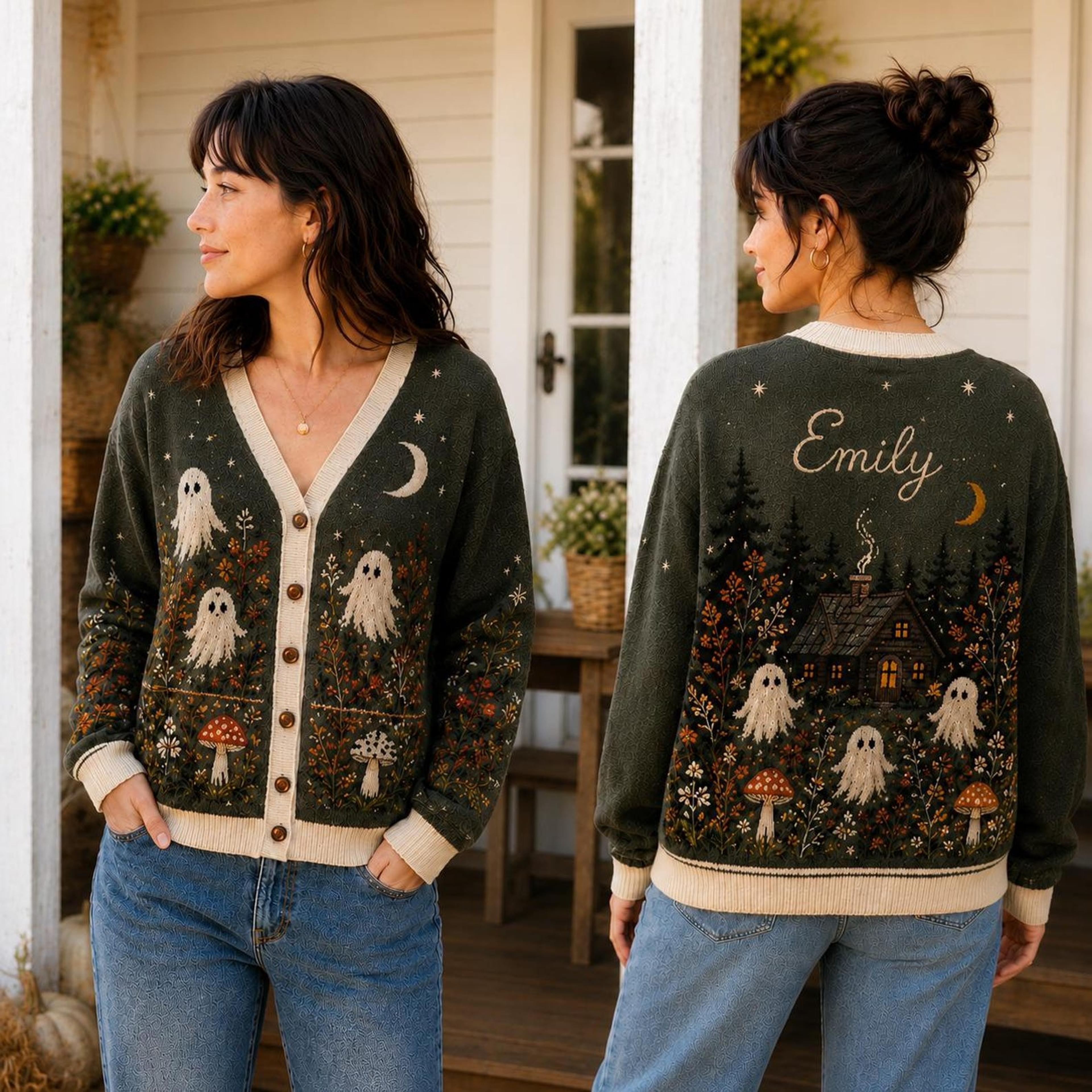 personalized halloween ghost cardigan, custom name unisex adult fall sweater, haunted cottage mushroom spooky cardigan
