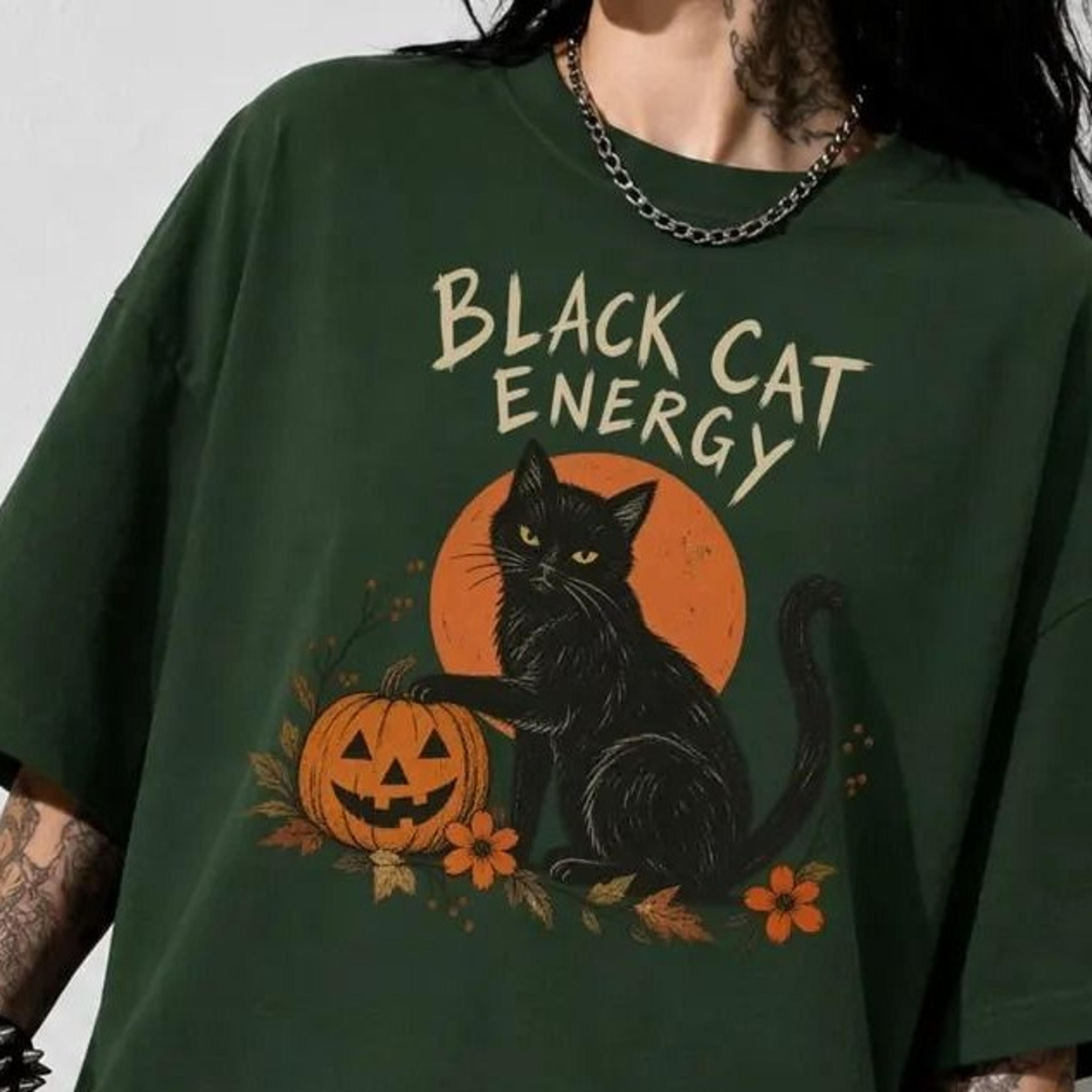 halloween cat t-shirt, black cat energy shirt, vintage halloween shirt with cat, spooky cat t-shirt, gift for cat lovers