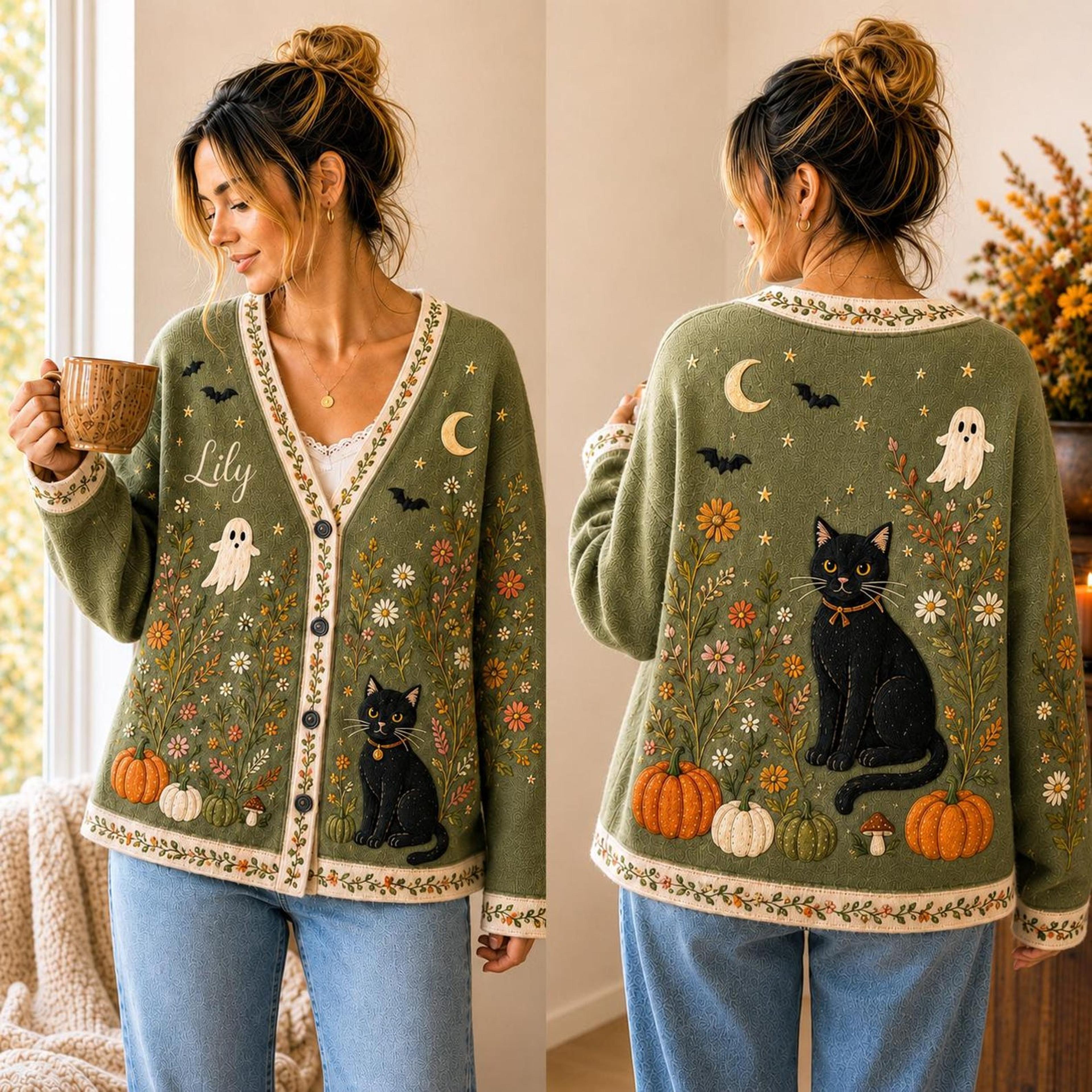 personalized halloween black cat cardigan, custom name unisex adult ghost pumpkin floral fall sweater, spooky autumn top