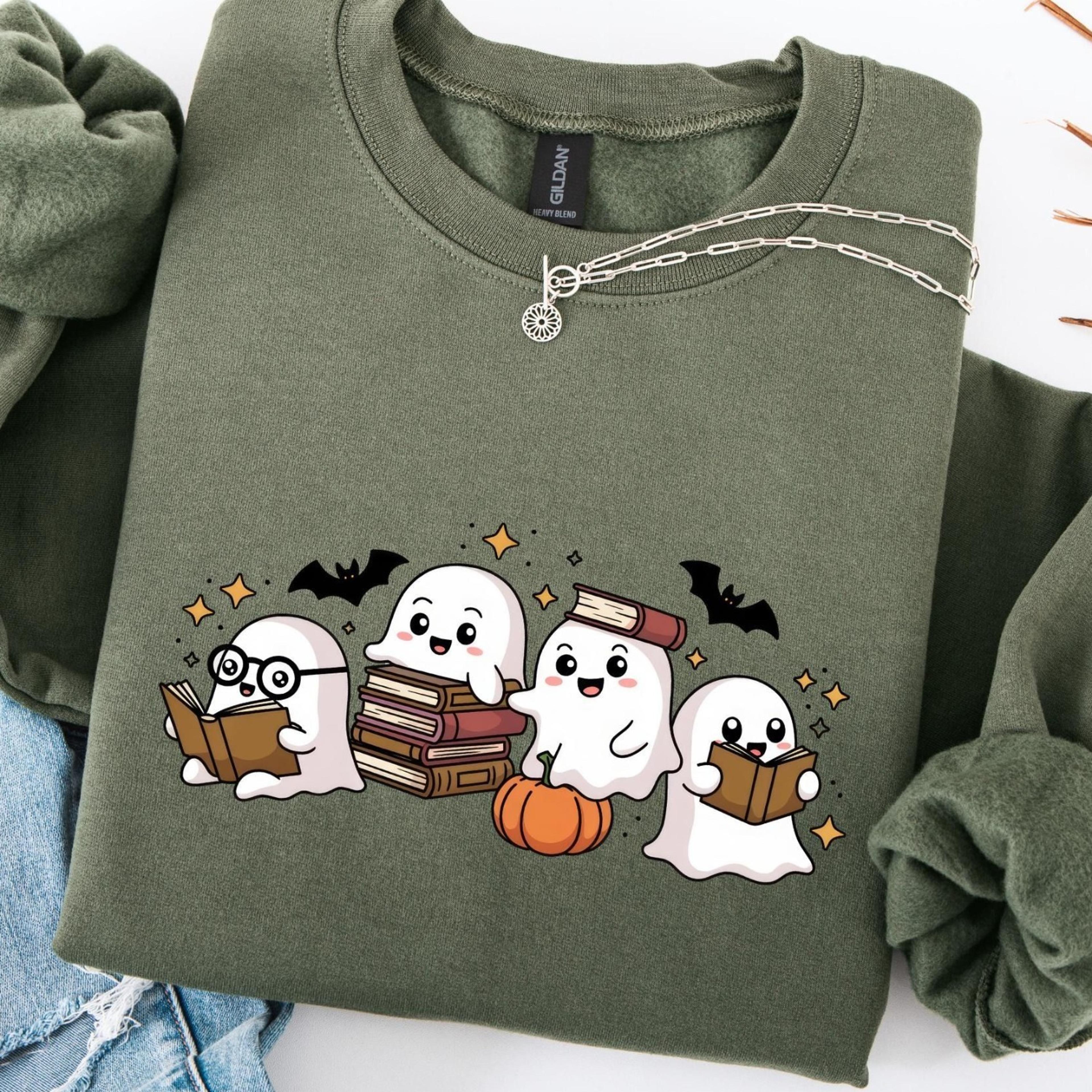 ghosts with books halloween sweatshirt, cute bookish ghost design, cozy spooky pullover, autumn vibes, gift for book