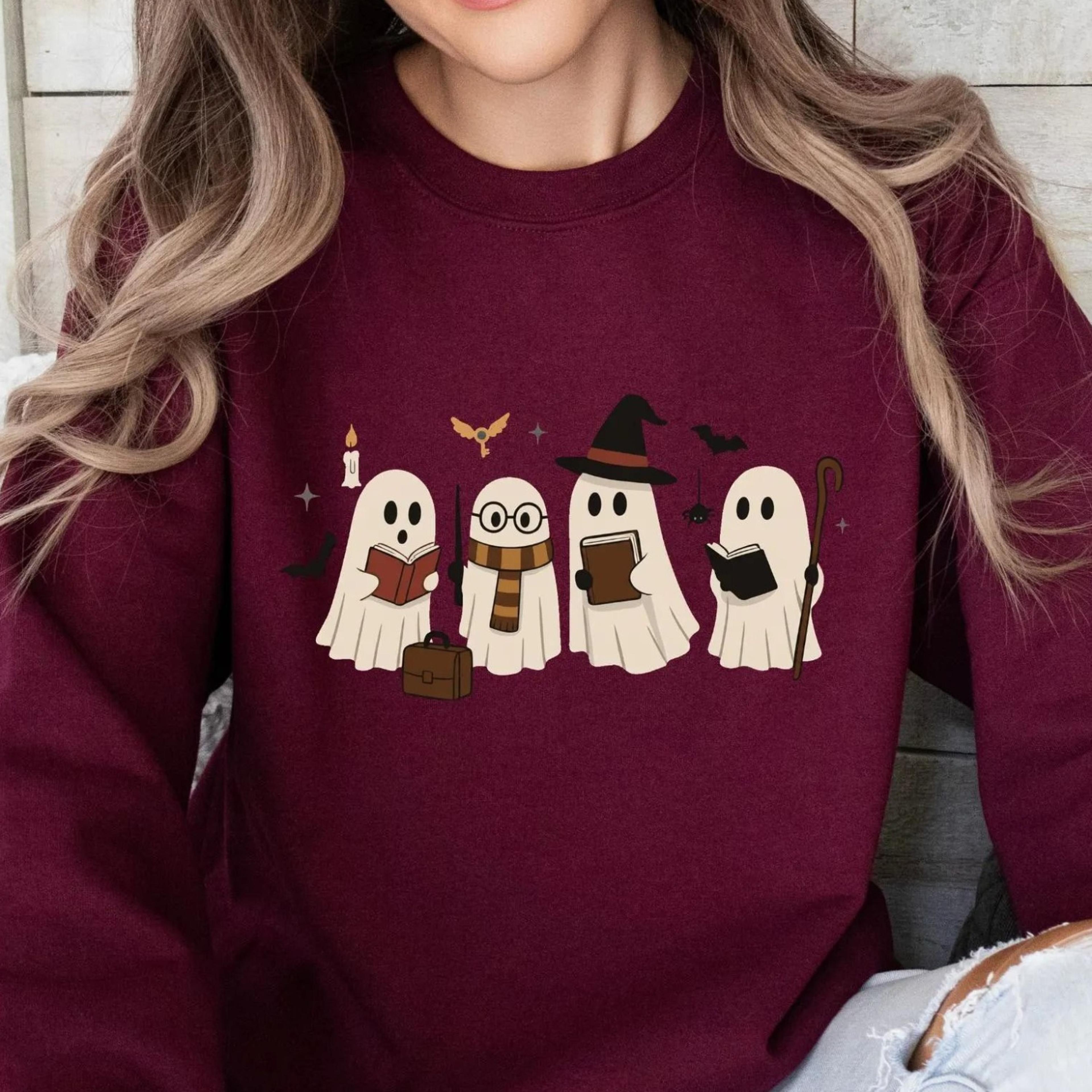 fantasy sweatshirt with ghosts, wizard sweater, magic school, halloween sweatshirt, fantasy gift, spooky bookish