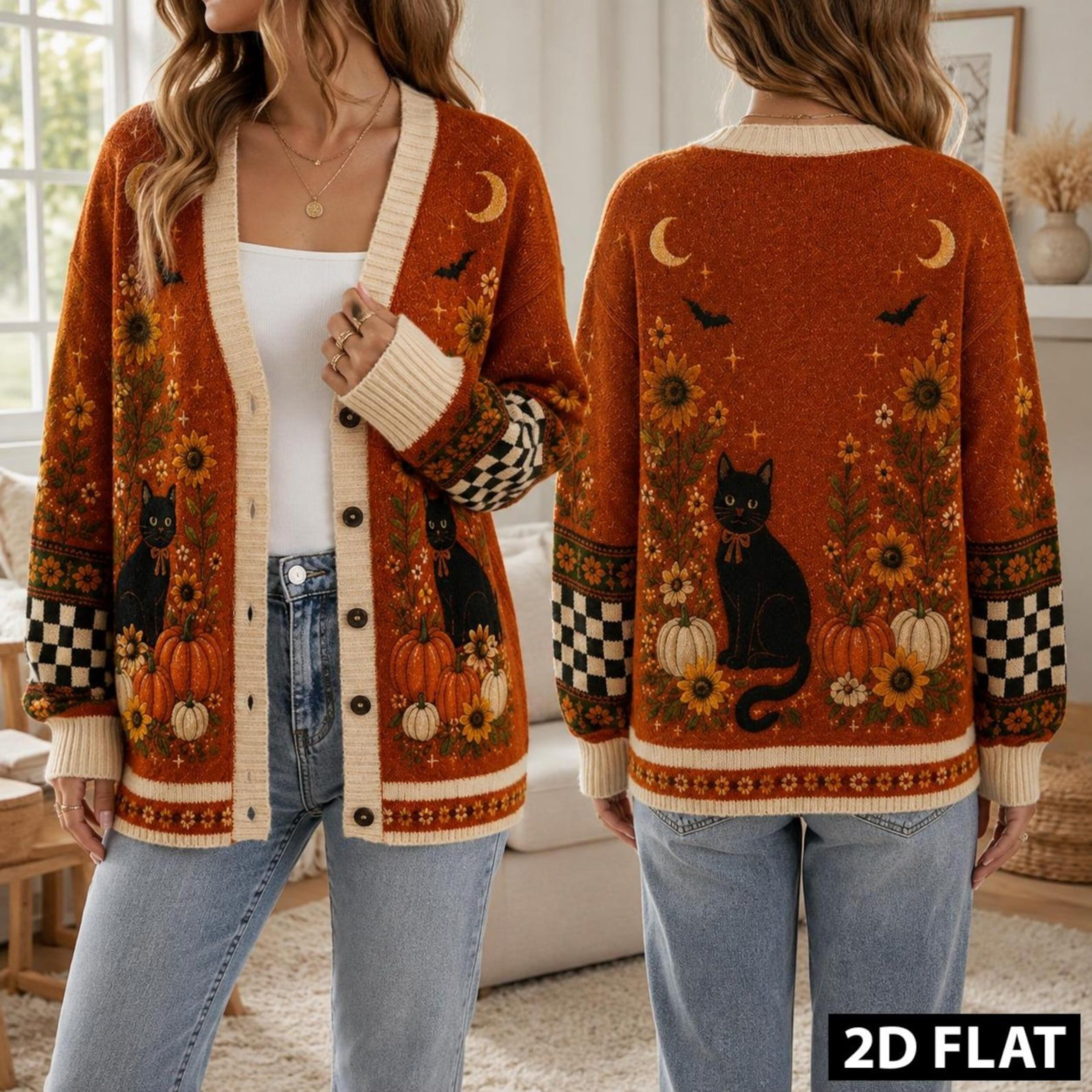 halloween black cat cardigan, pumpkin floral fall sweater, orange autumn cardigan, unisex adult spooky season top