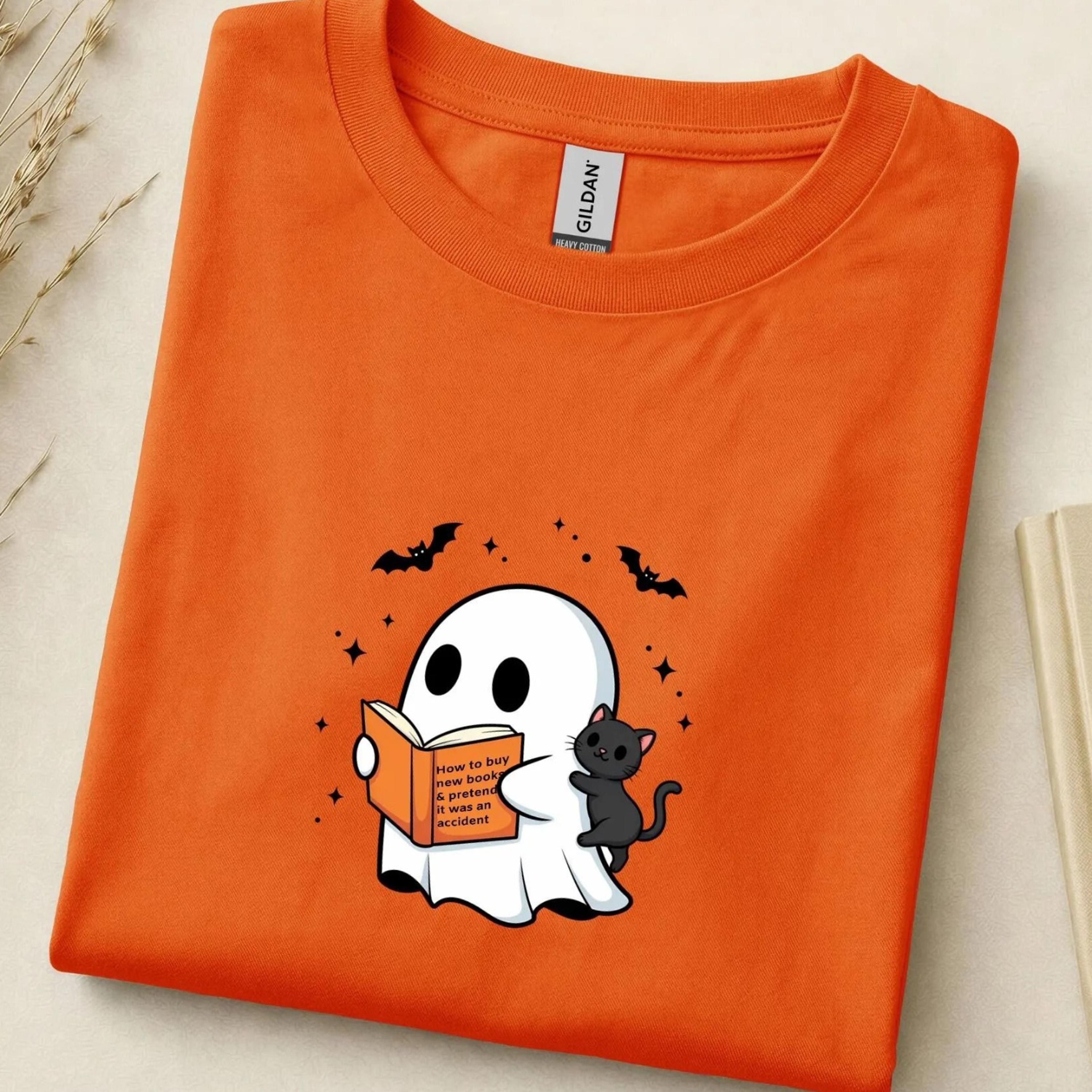 book t-shirt with ghost & cat, "how to buy new books", booktok t-shirt, funny reading shirt, book lover gift, cozy