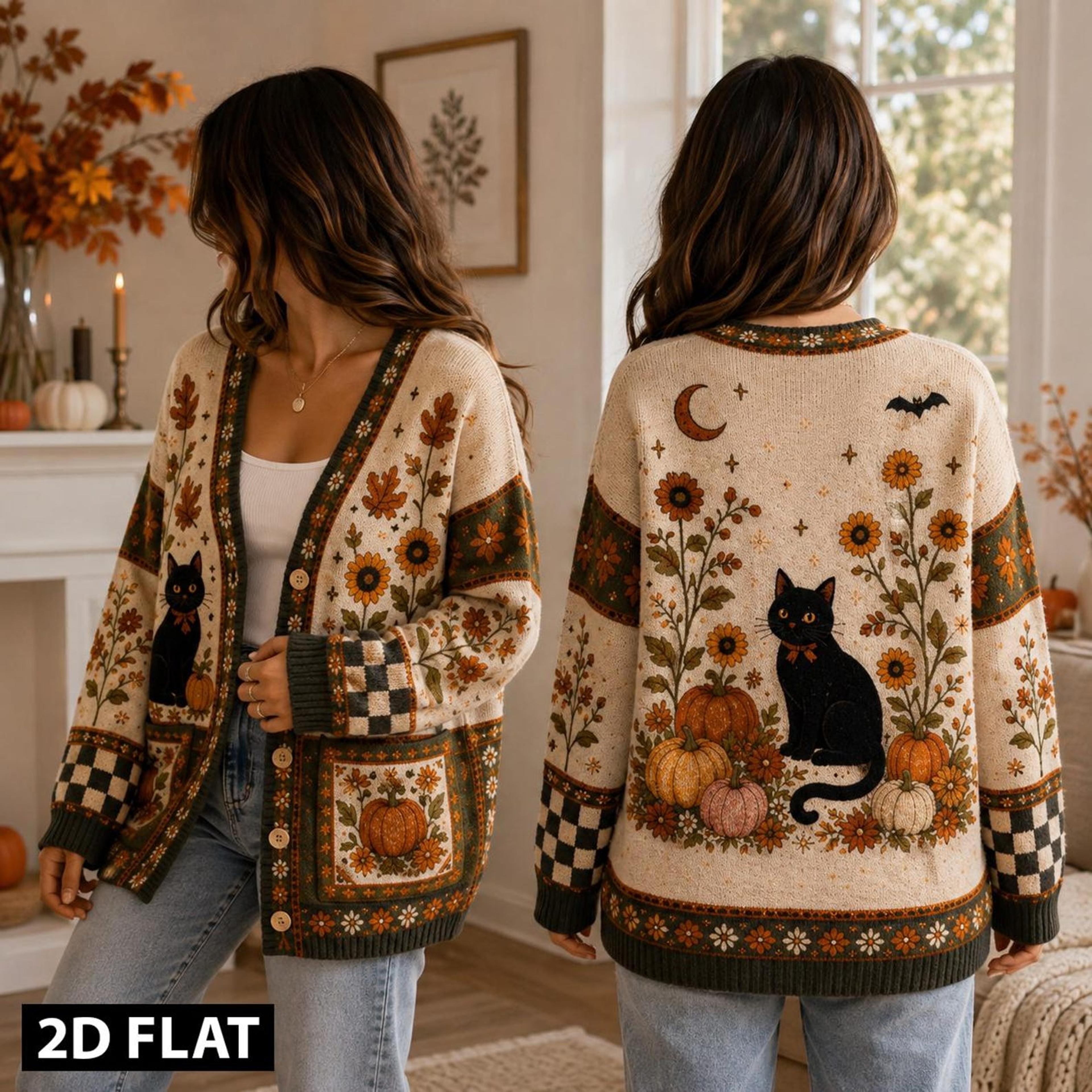 halloween black cat cardigan, pumpkin sunflower fall sweater, spooky autumn floral cardigan, unisex adult halloween top