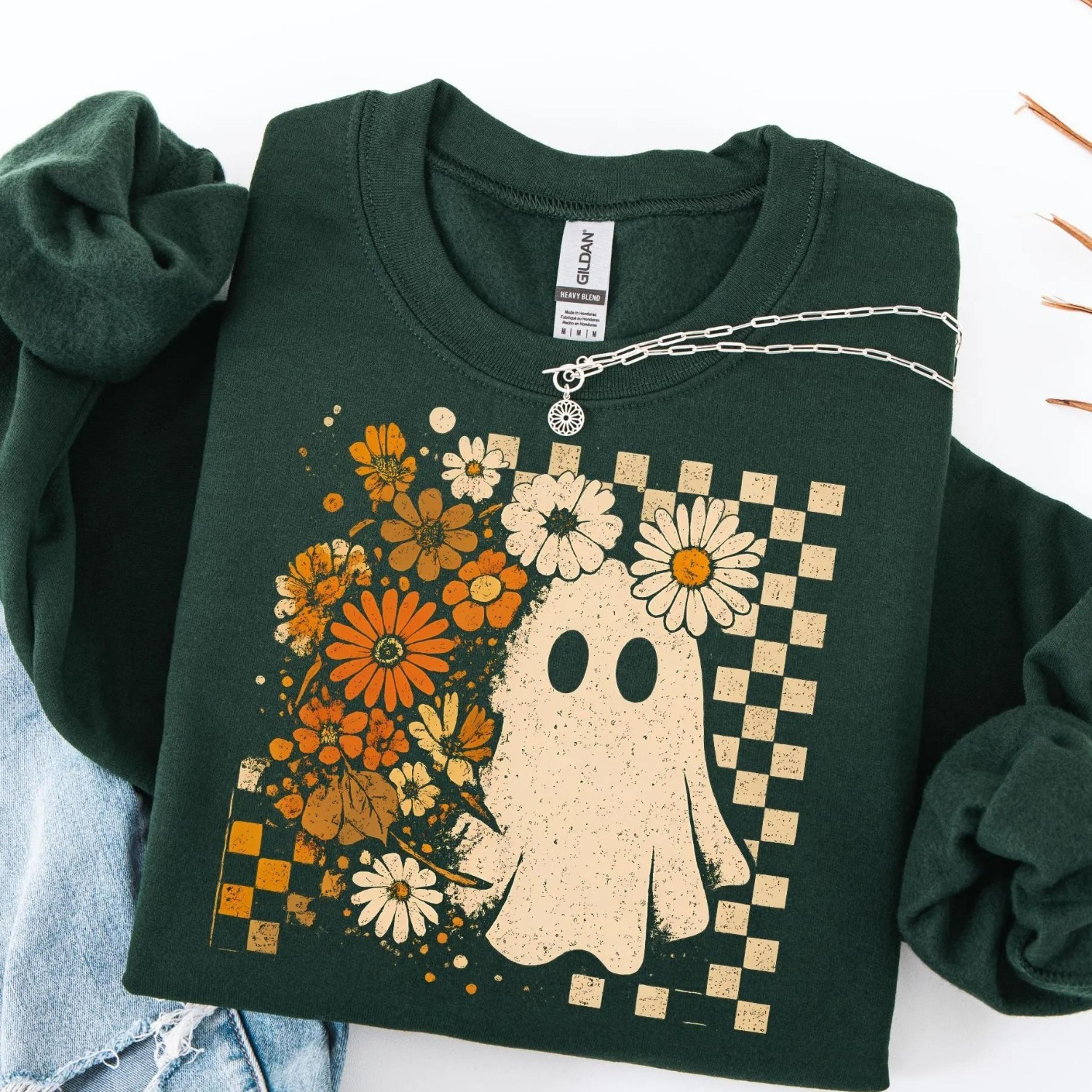 boho ghost halloween sweatshirt, cute spooky ghost with checkerboard flowers, fall aesthetic pullover, cozy halloween