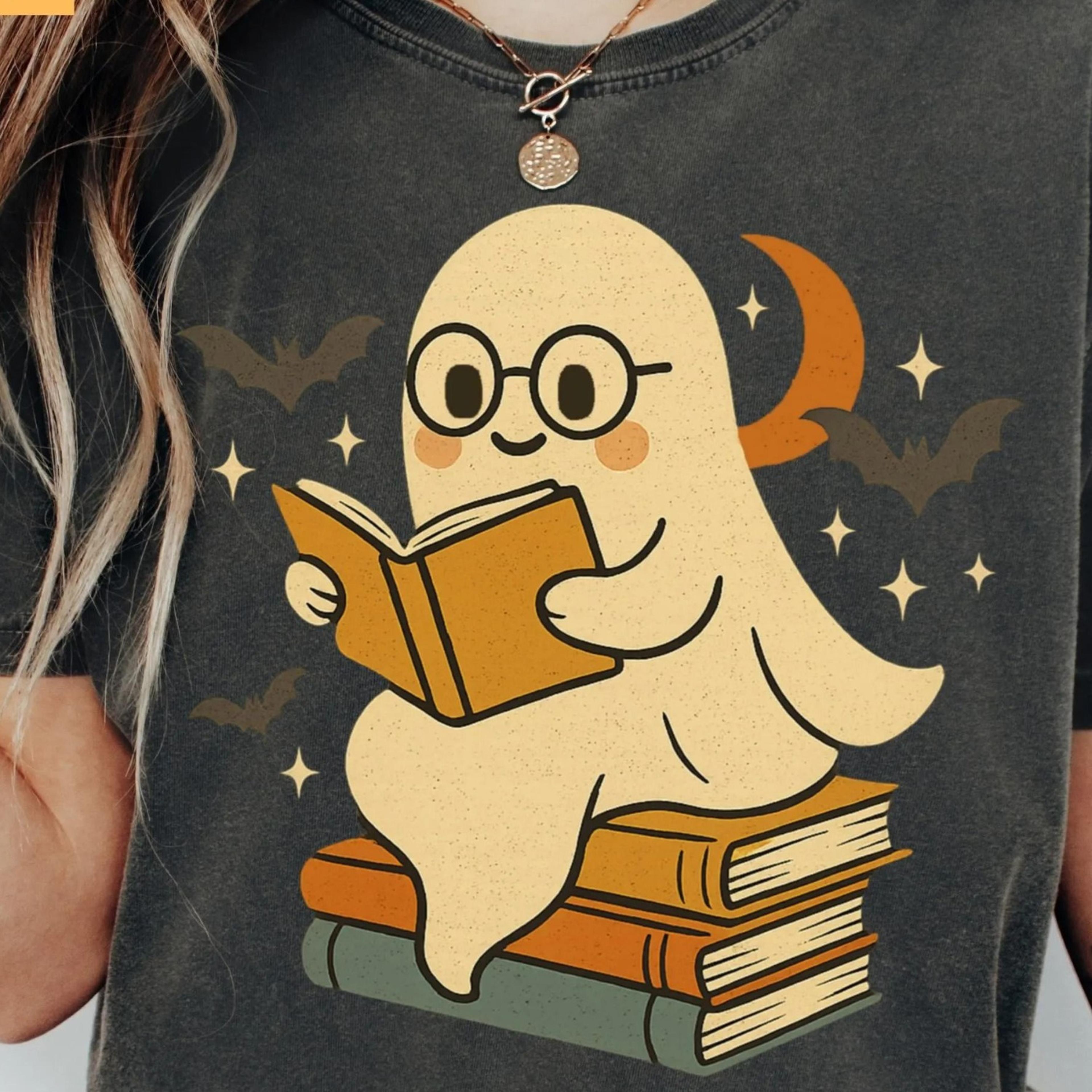 retro ghost reading books shirt, halloween teacher tee, librarian halloween shirt, boo school gift