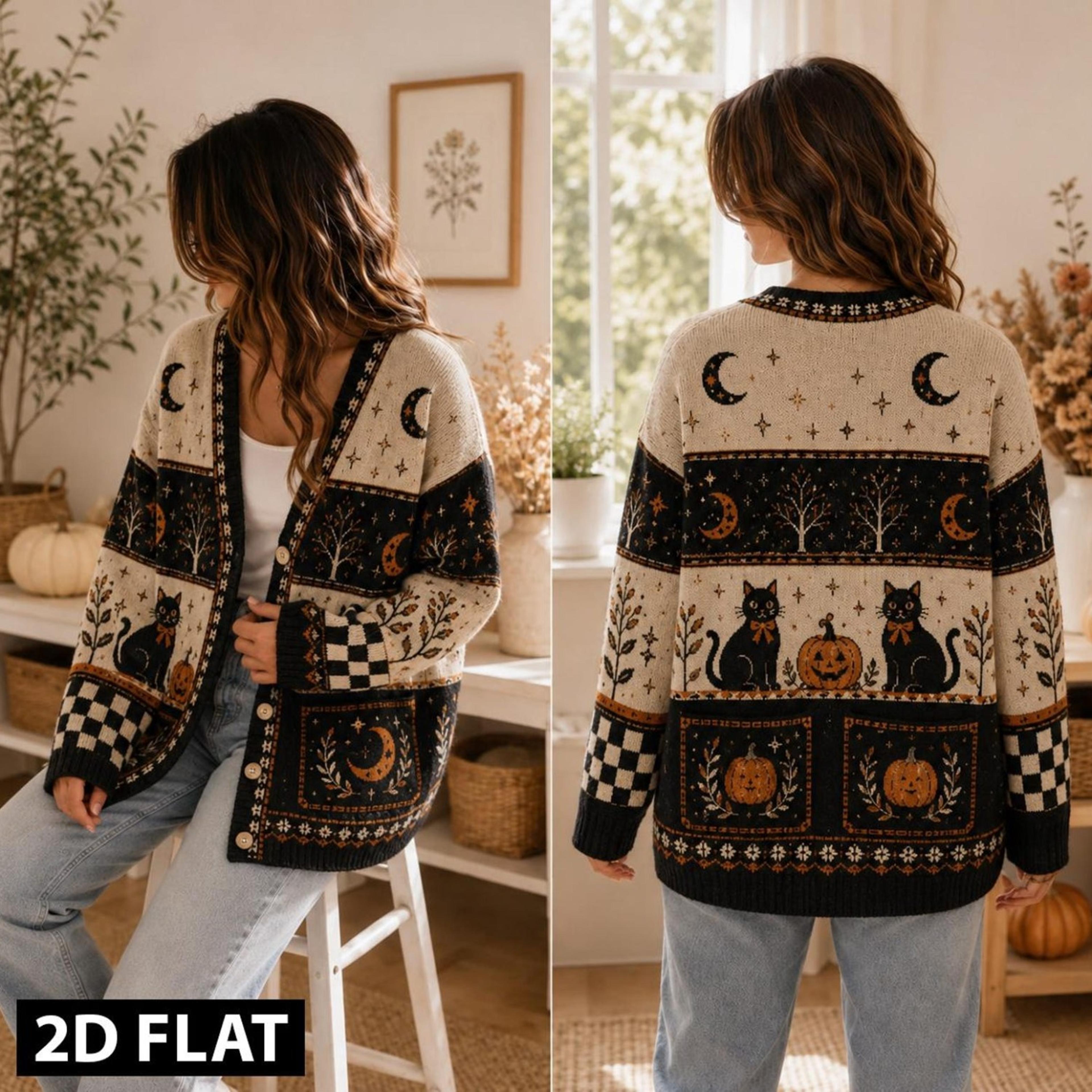 halloween black cat cardigan, spooky pumpkin moon sweater, checkerboard gothic fall cardigan, unisex adult autumn top