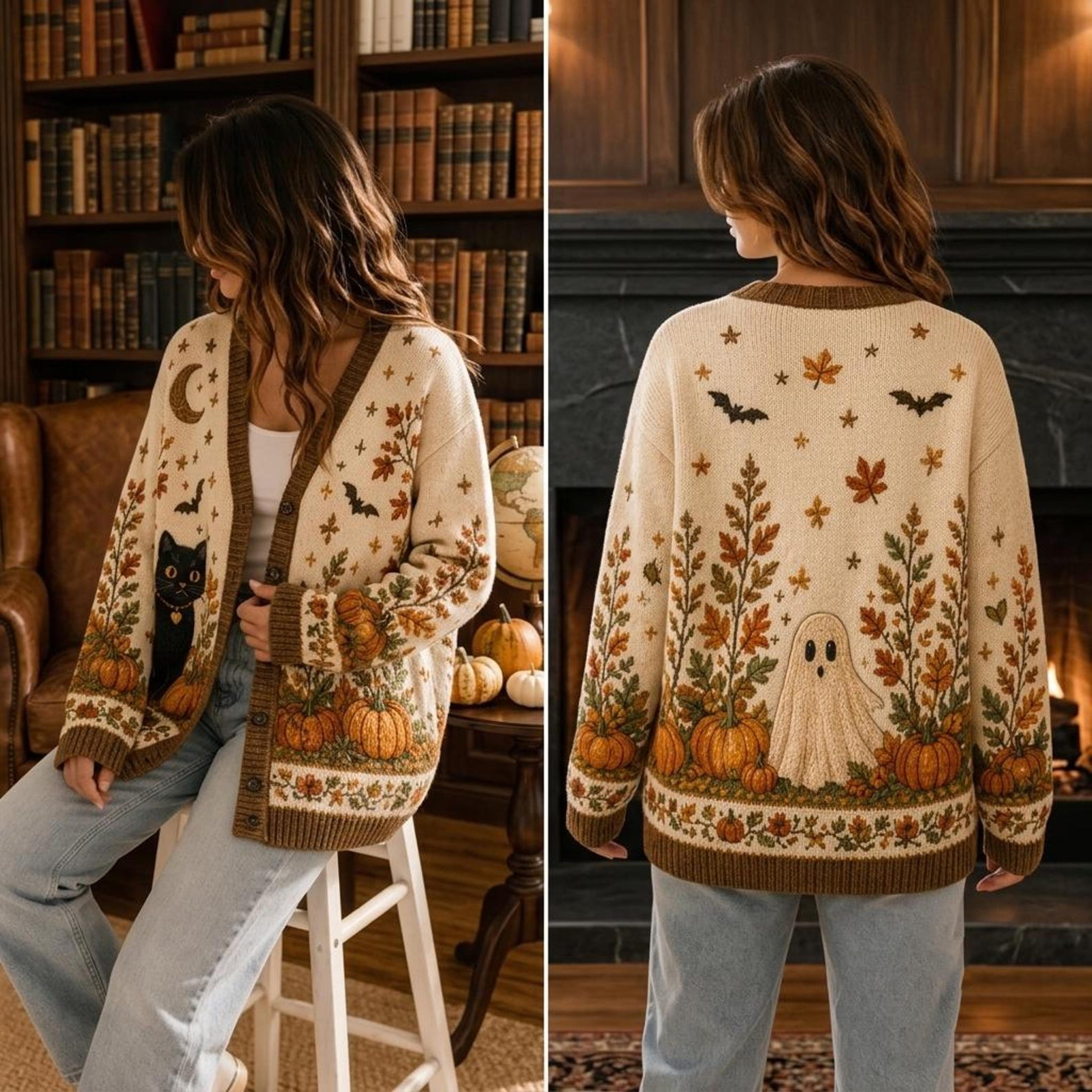 halloween black cat cardigan, ghost pumpkin fall sweater, moon bat autumn cardigan, unisex adult spooky season top