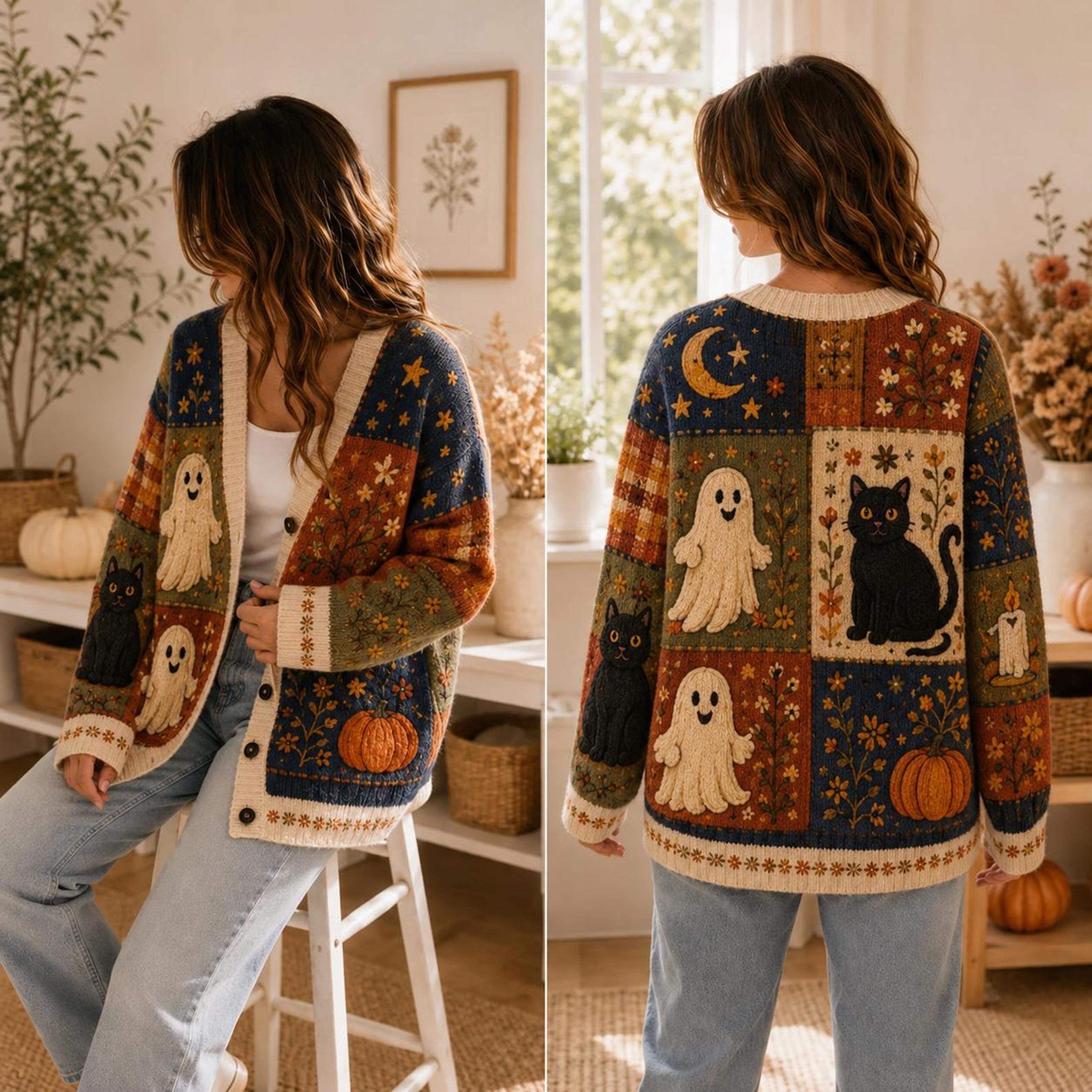 halloween ghost black cat cardigan, pumpkin patchwork fall sweater, spooky moon autumn cardigan, unisex adult top