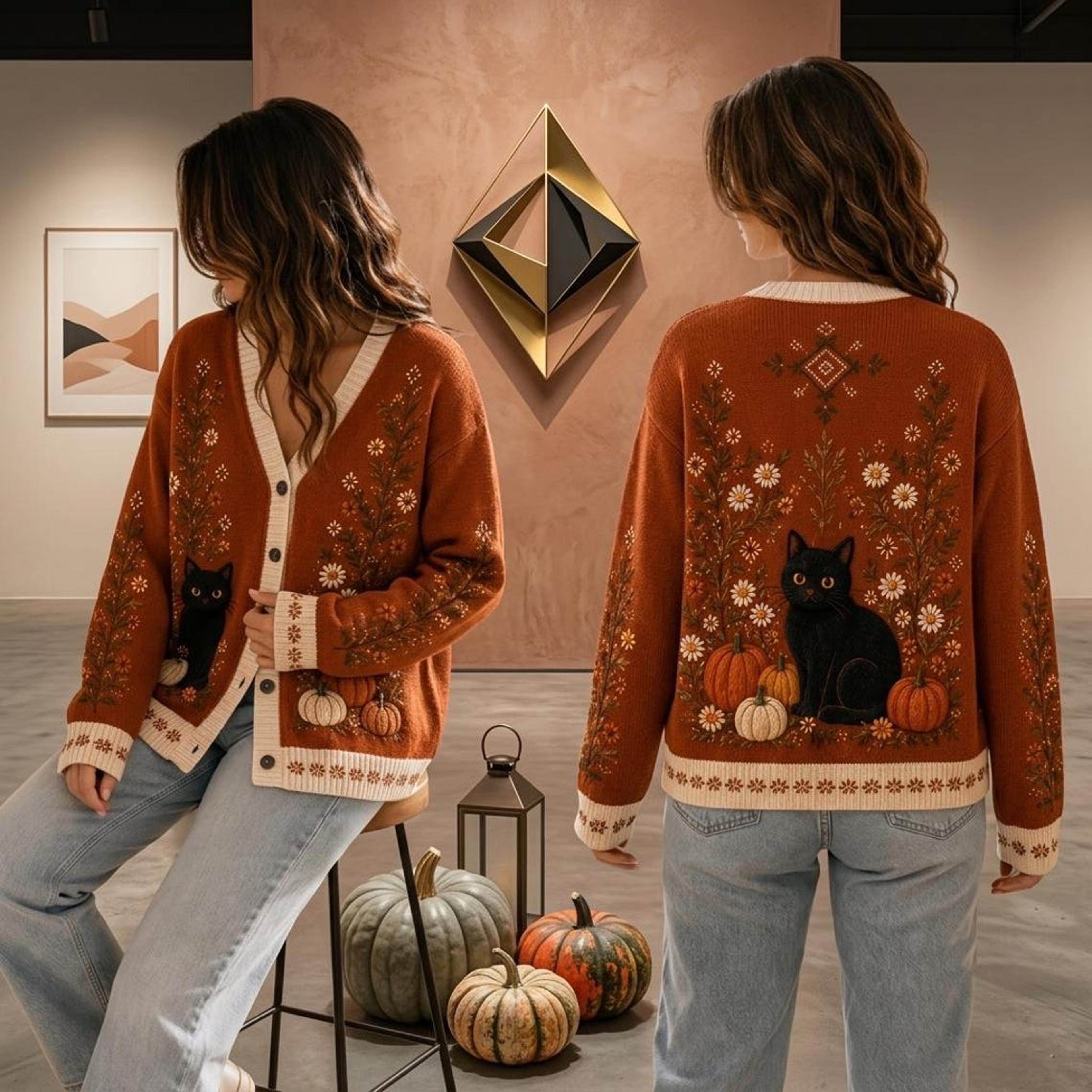 halloween black cat cardigan, pumpkin floral fall sweater, rust orange autumn cardigan, unisex adult spooky season top