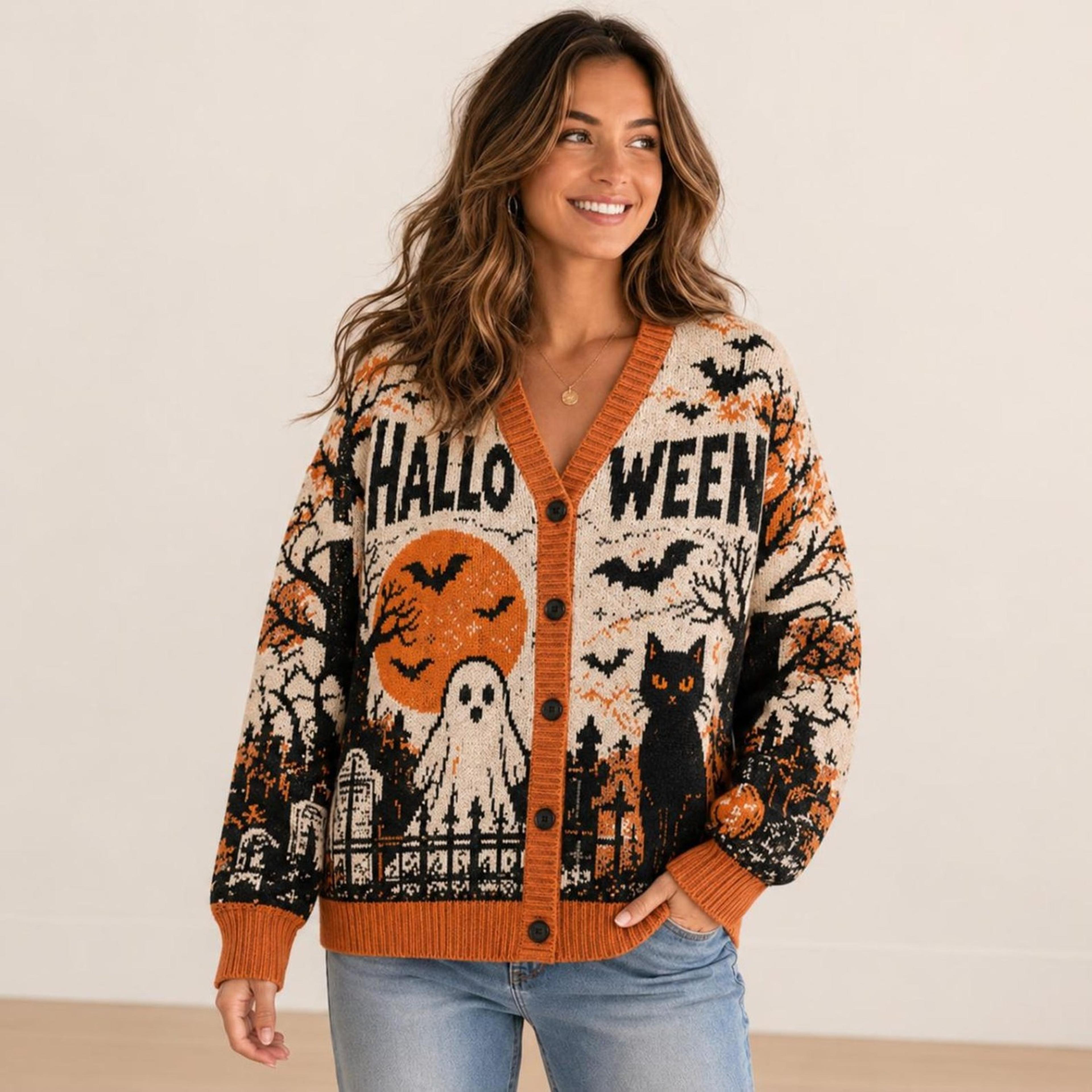 halloween haunted house cardigan, ghost black cat pumpkin sweater, spooky graveyard unisex adult fall cardigan