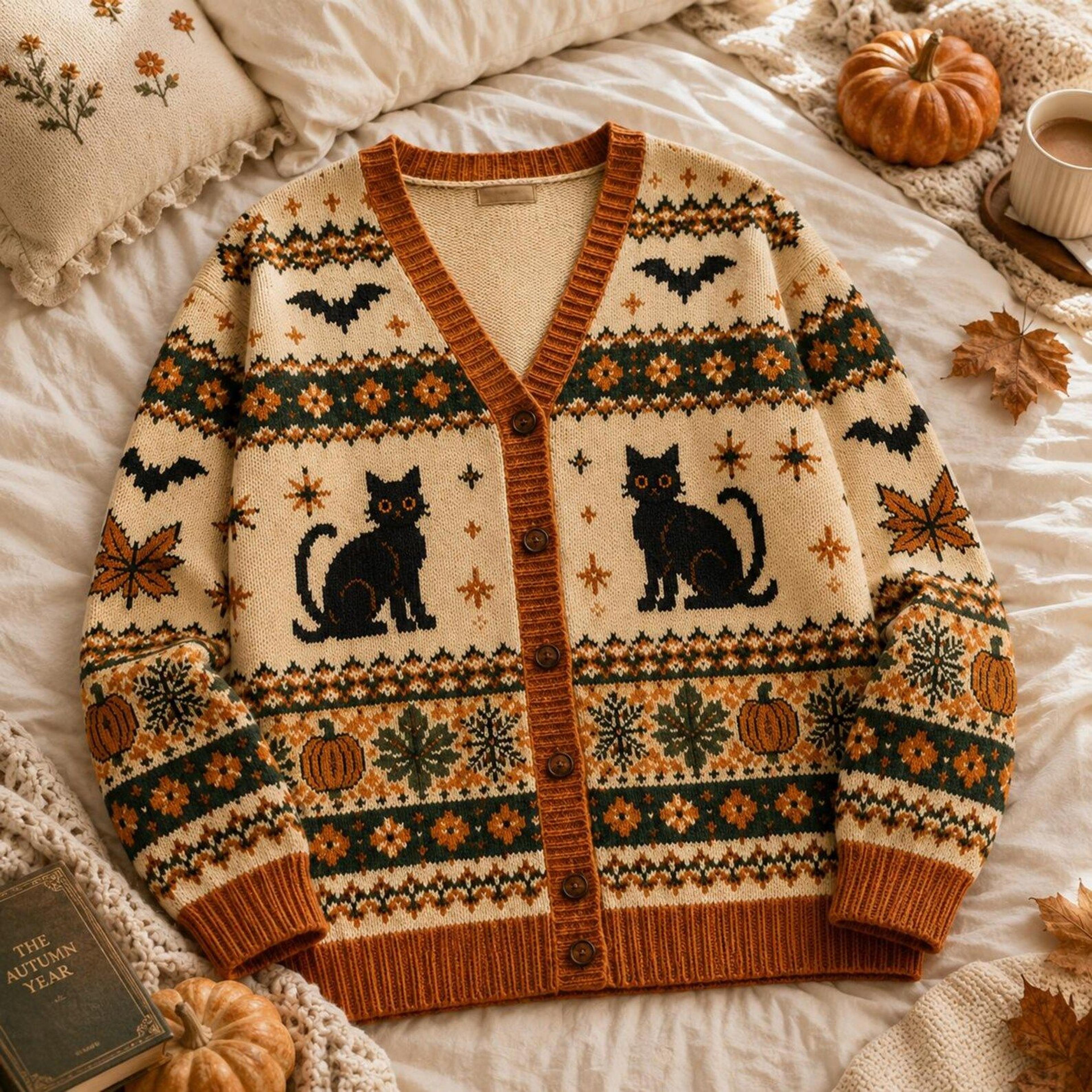 halloween black cat cardigan, pumpkin bat autumn sweater, vintage fair isle spooky fall cardigan, unisex adult top