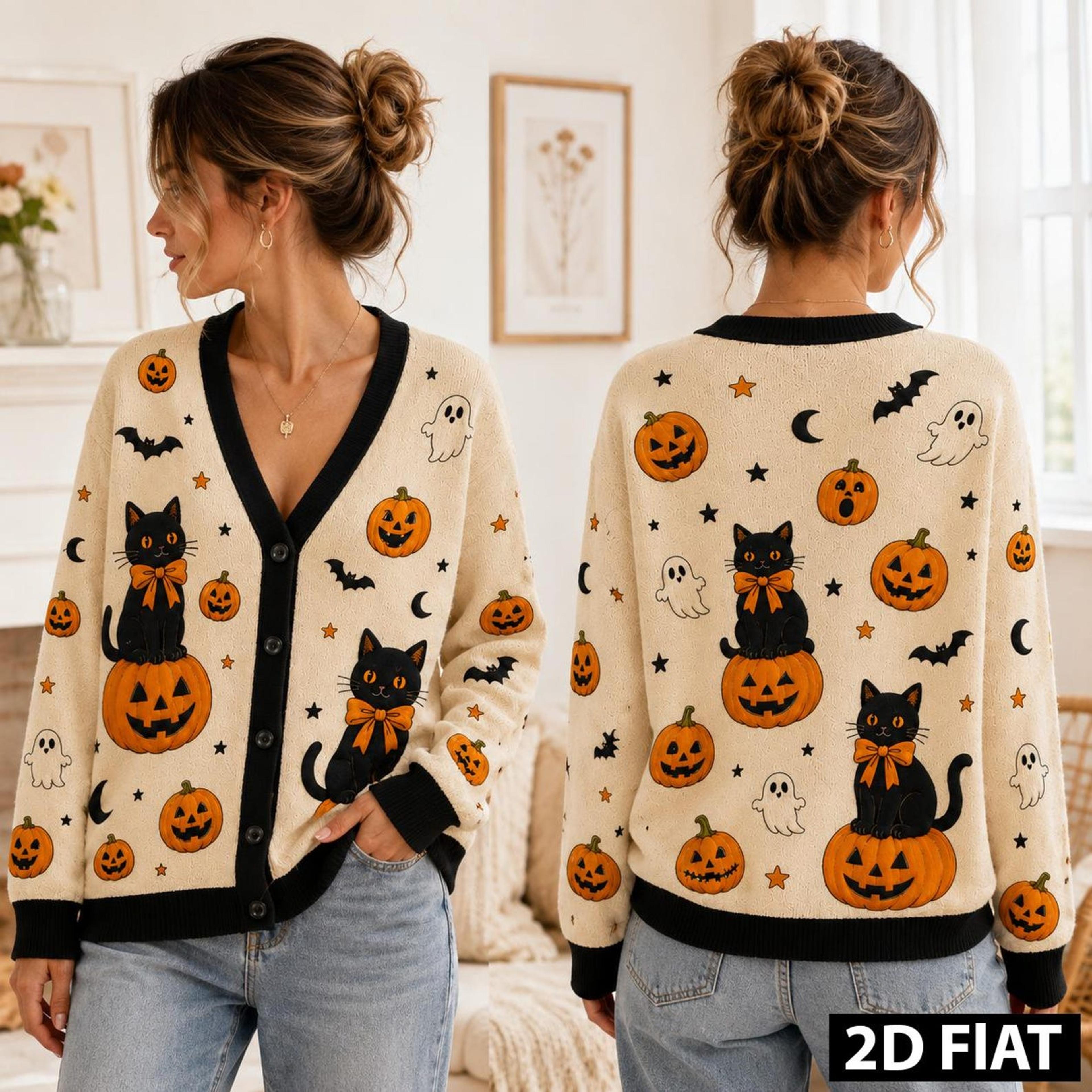 halloween black cat cardigan, pumpkin ghost sweater, cute spooky season fall cardigan, unisex adult halloween top