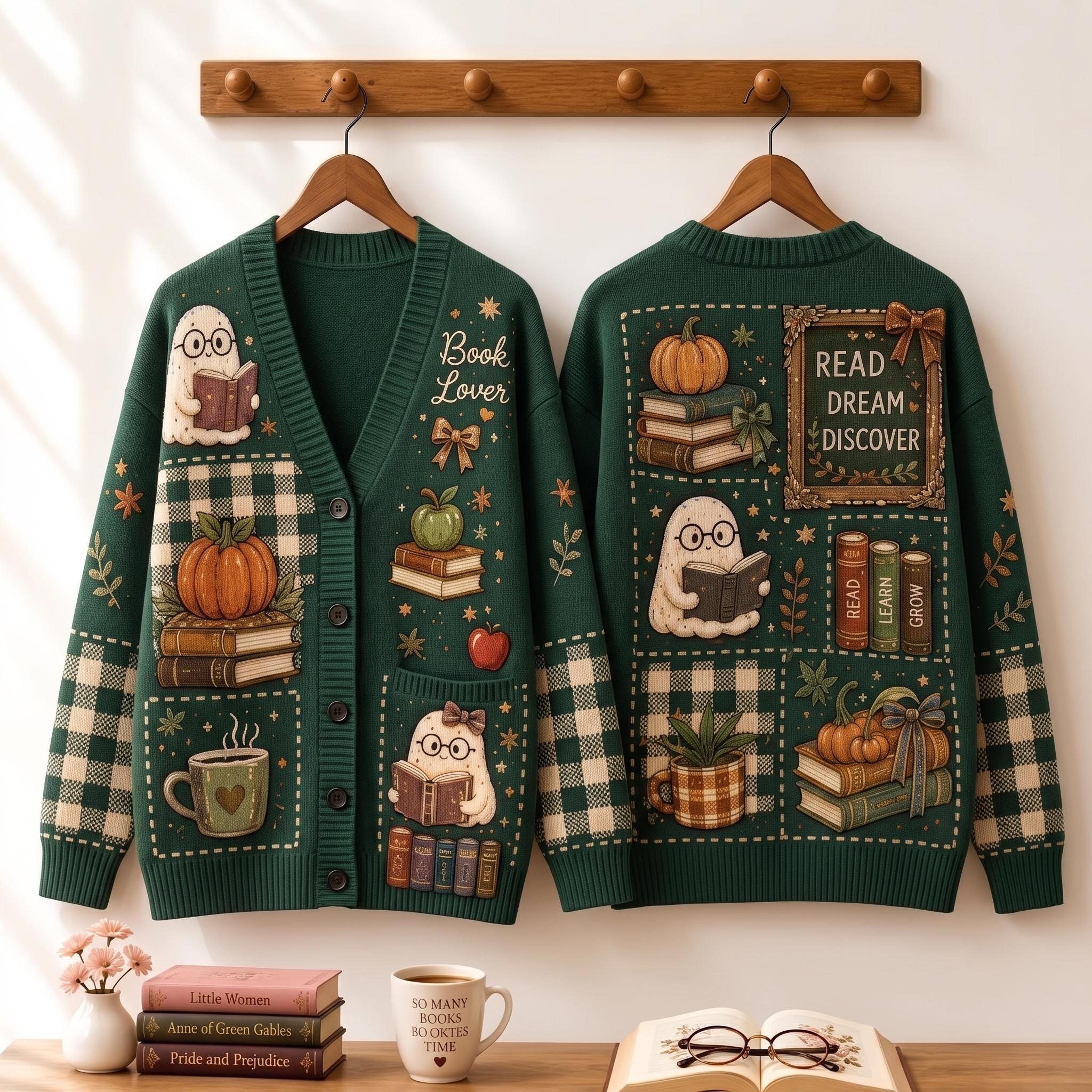 book lover fall cardigan, reading ghost pumpkin sweater, read dream discover cozy autumn unisex adult cardigan