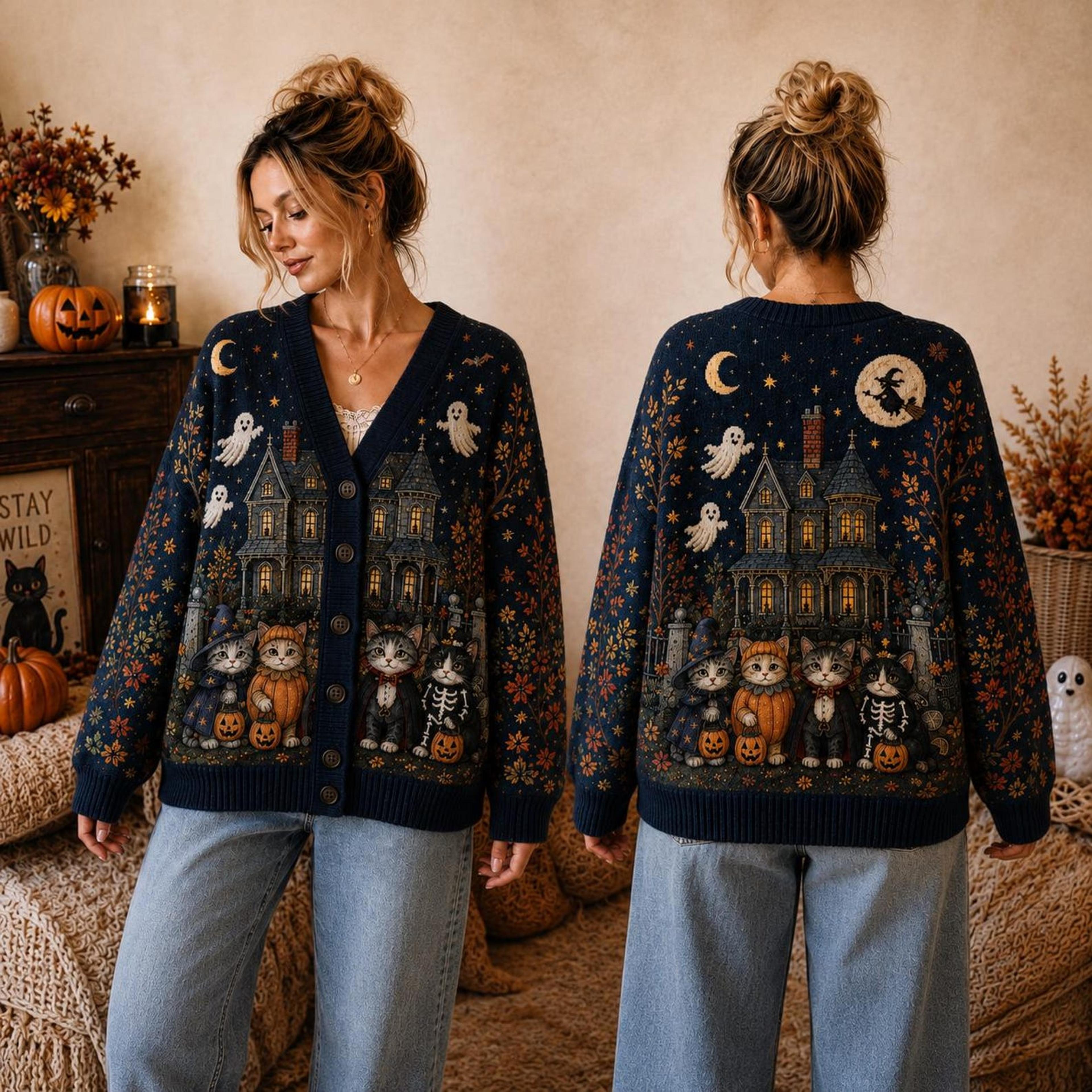 halloween cat cardigan, haunted house ghost sweater, spooky black cat pumpkin fall unisex adult cardigan