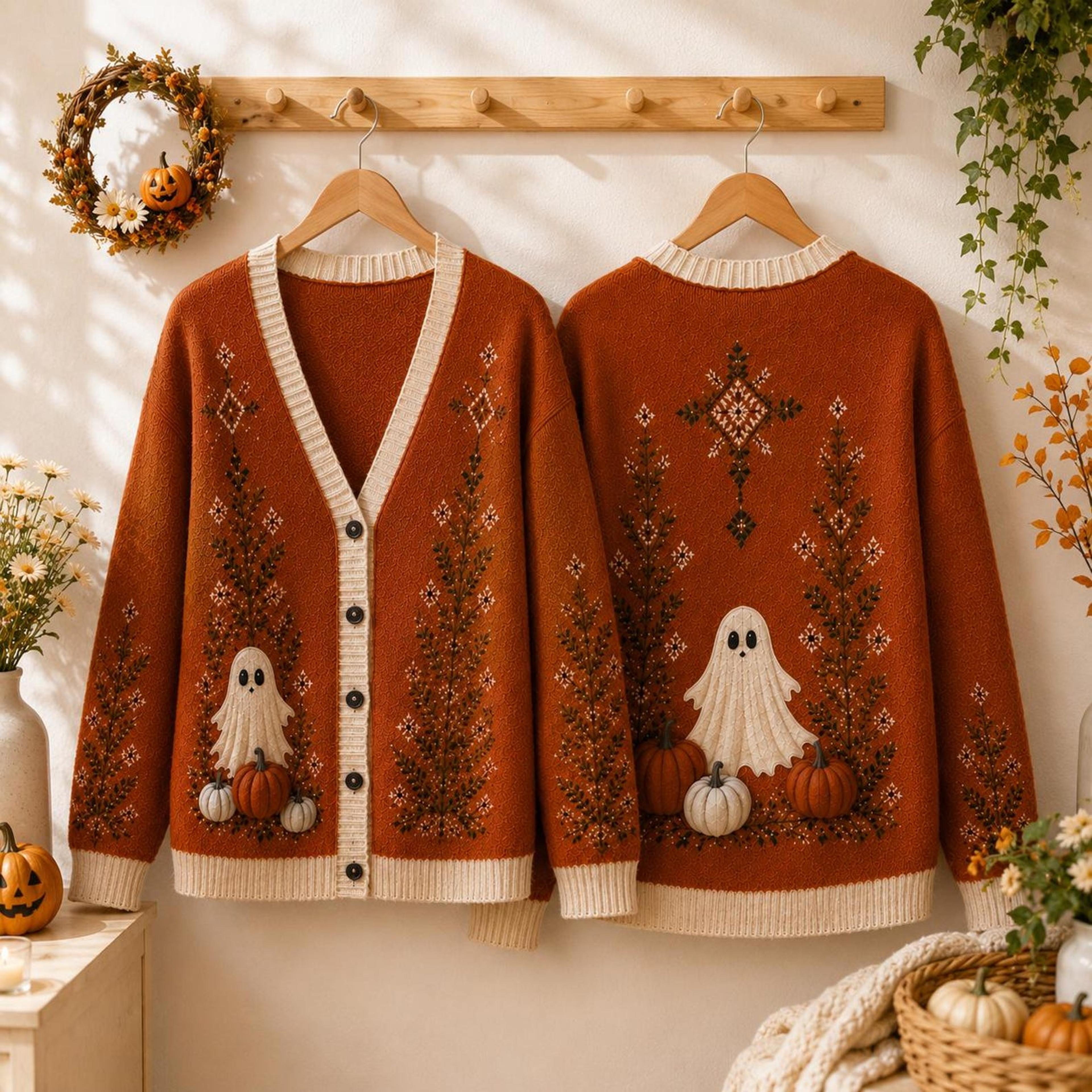 halloween ghost pumpkin cardigan, burnt orange fall sweater, cozy spooky autumn floral unisex adult cardigan