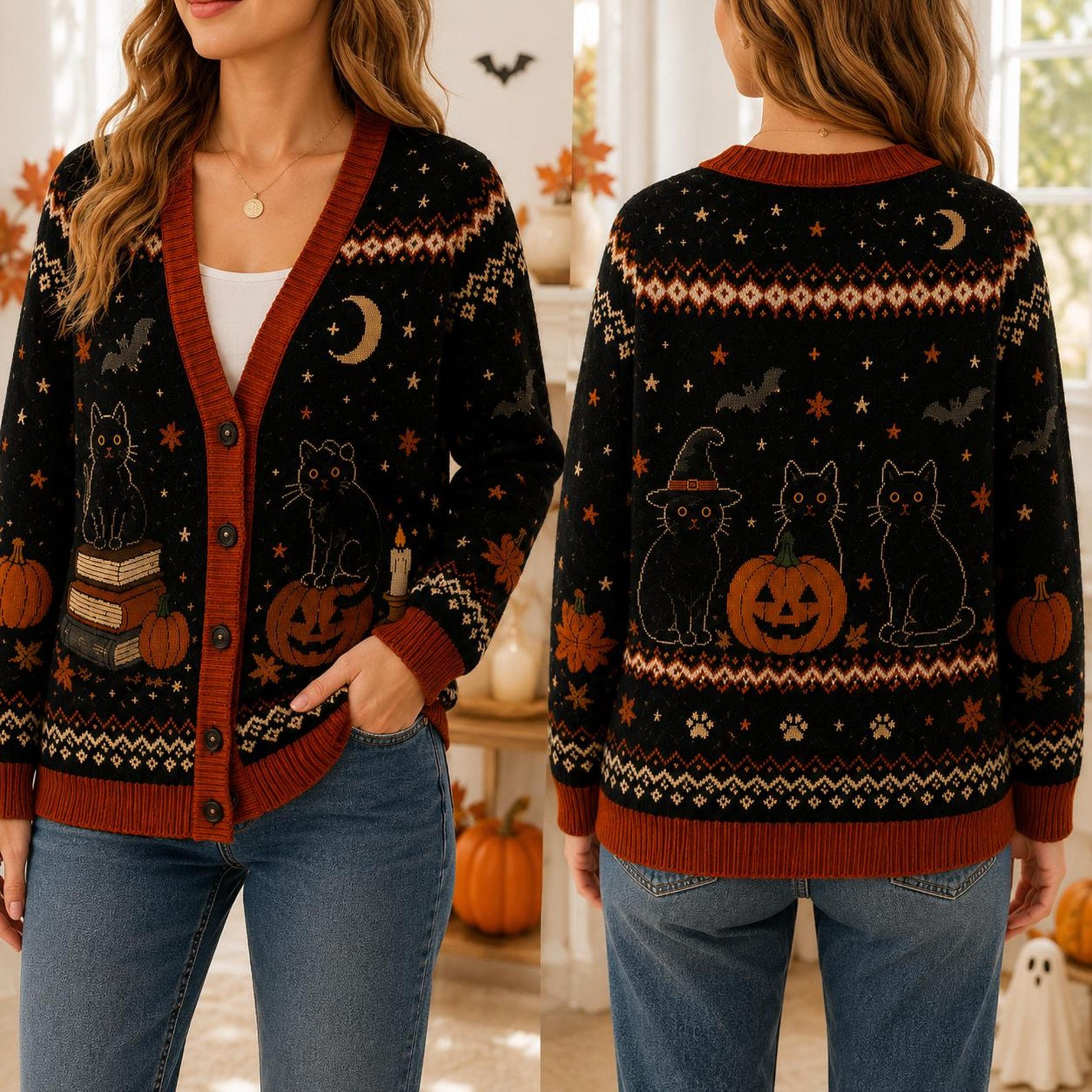 halloween black cat cardigan, pumpkin witchy sweater, spooky moon bat cozy fall unisex adult cardigan