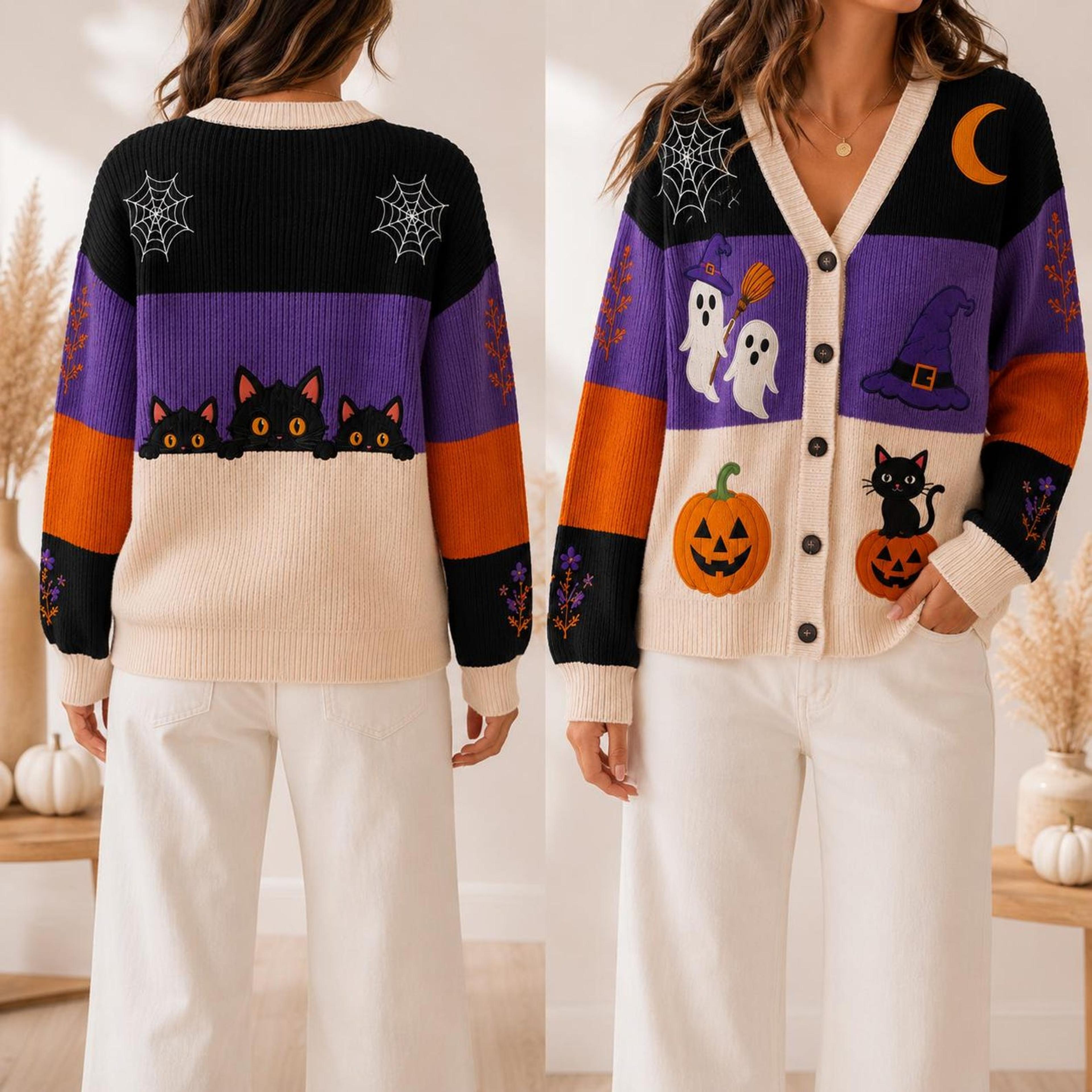 halloween ghost cat cardigan, witch hat pumpkin sweater, spider web spooky season unisex adult fall cardigan