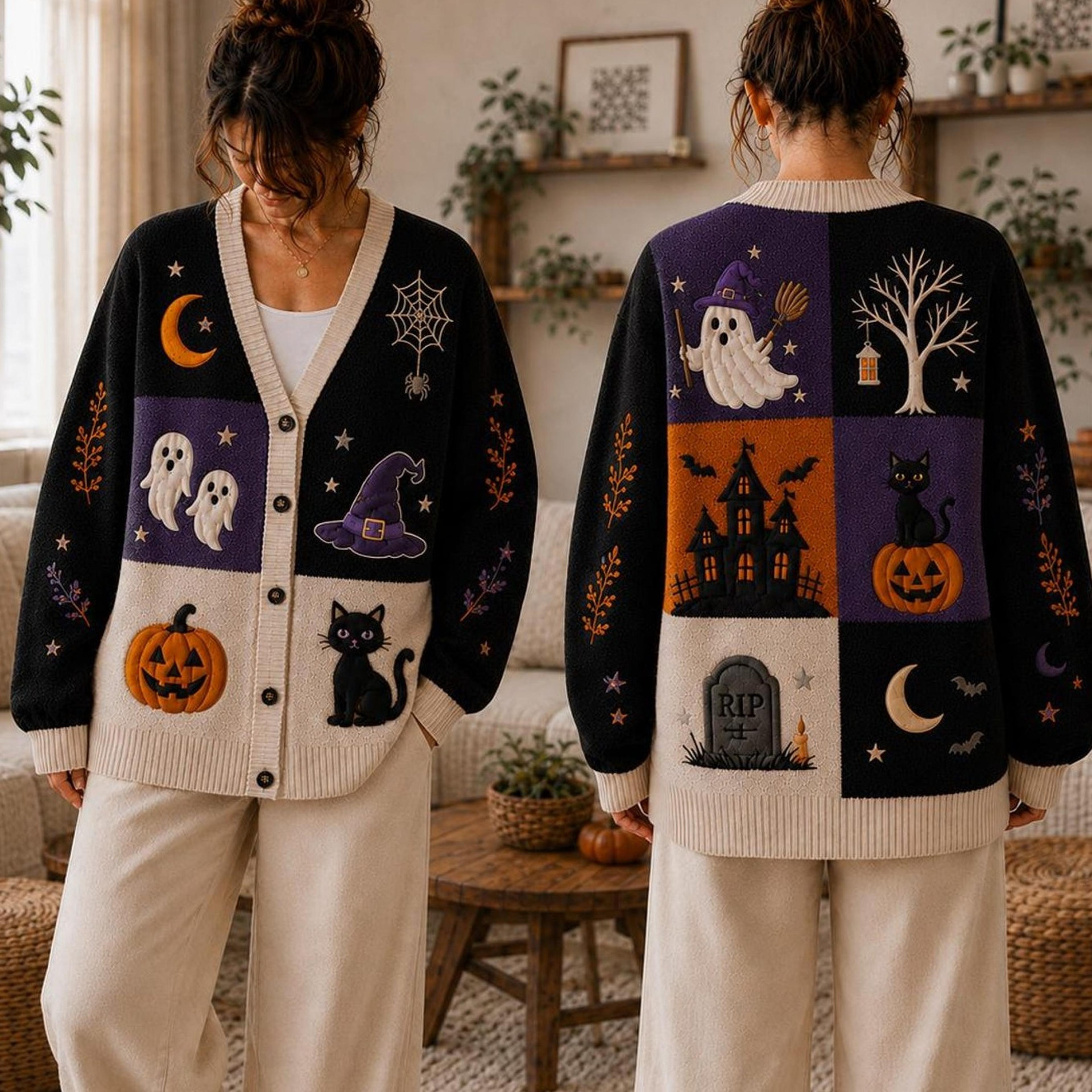 halloween patchwork cardigan, ghost black cat pumpkin witch sweater, spooky haunted house unisex adult fall cardigan