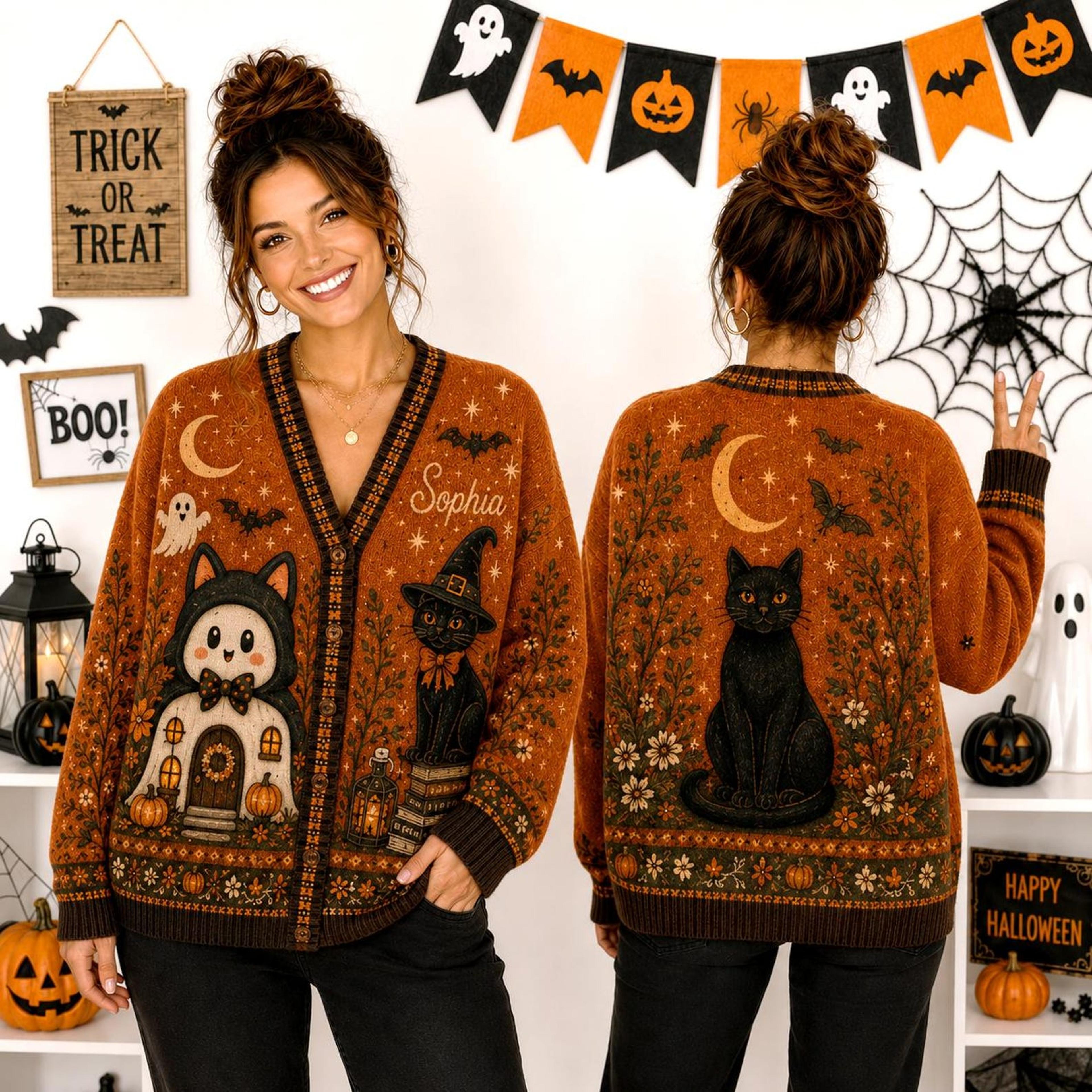personalized halloween black cat cardigan, custom name ghost pumpkin witchy sweater, unisex adult spooky fall cardigan