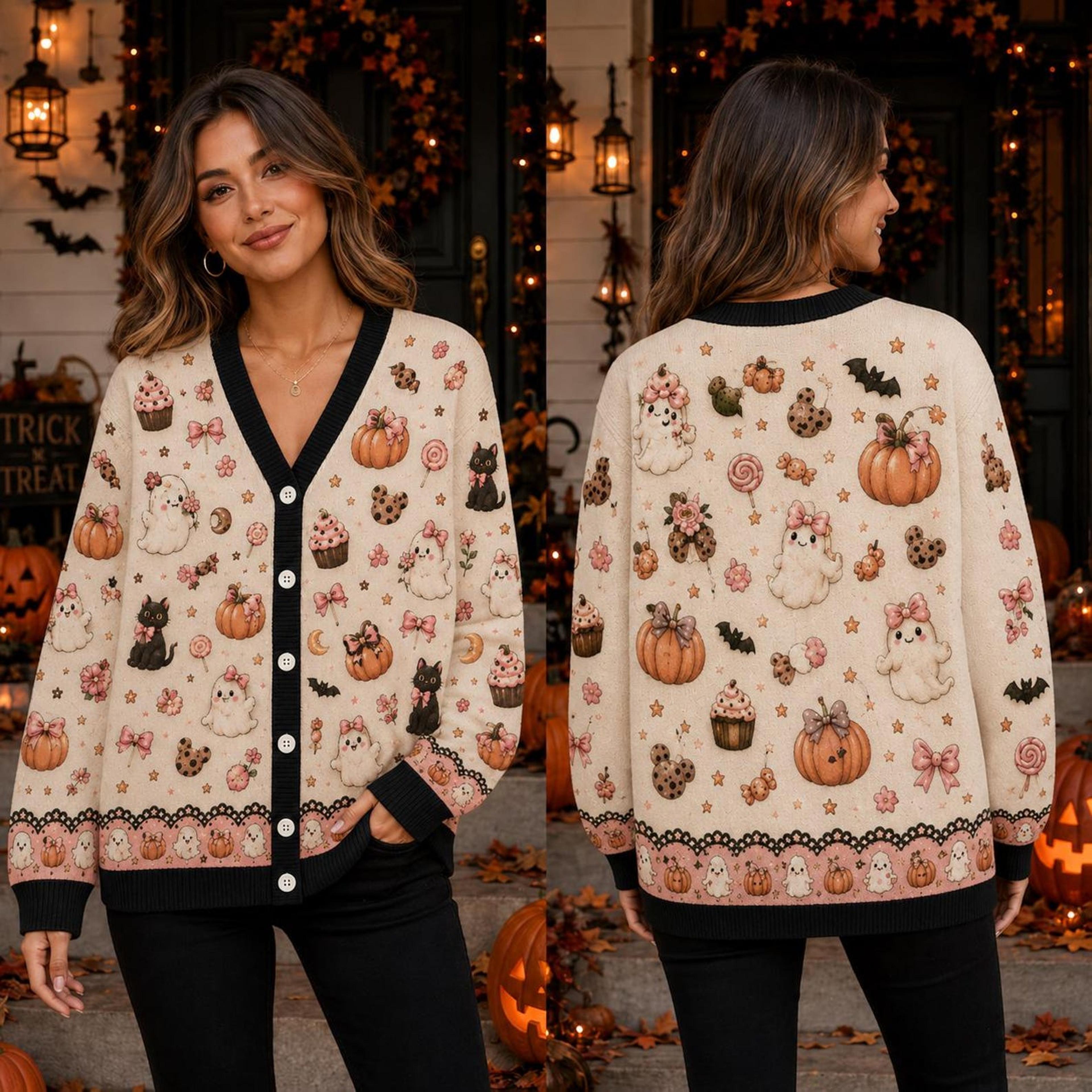 cute halloween ghost cardigan, pink bow pumpkin black cat sweater, coquette spooky fall unisex adult cardigan
