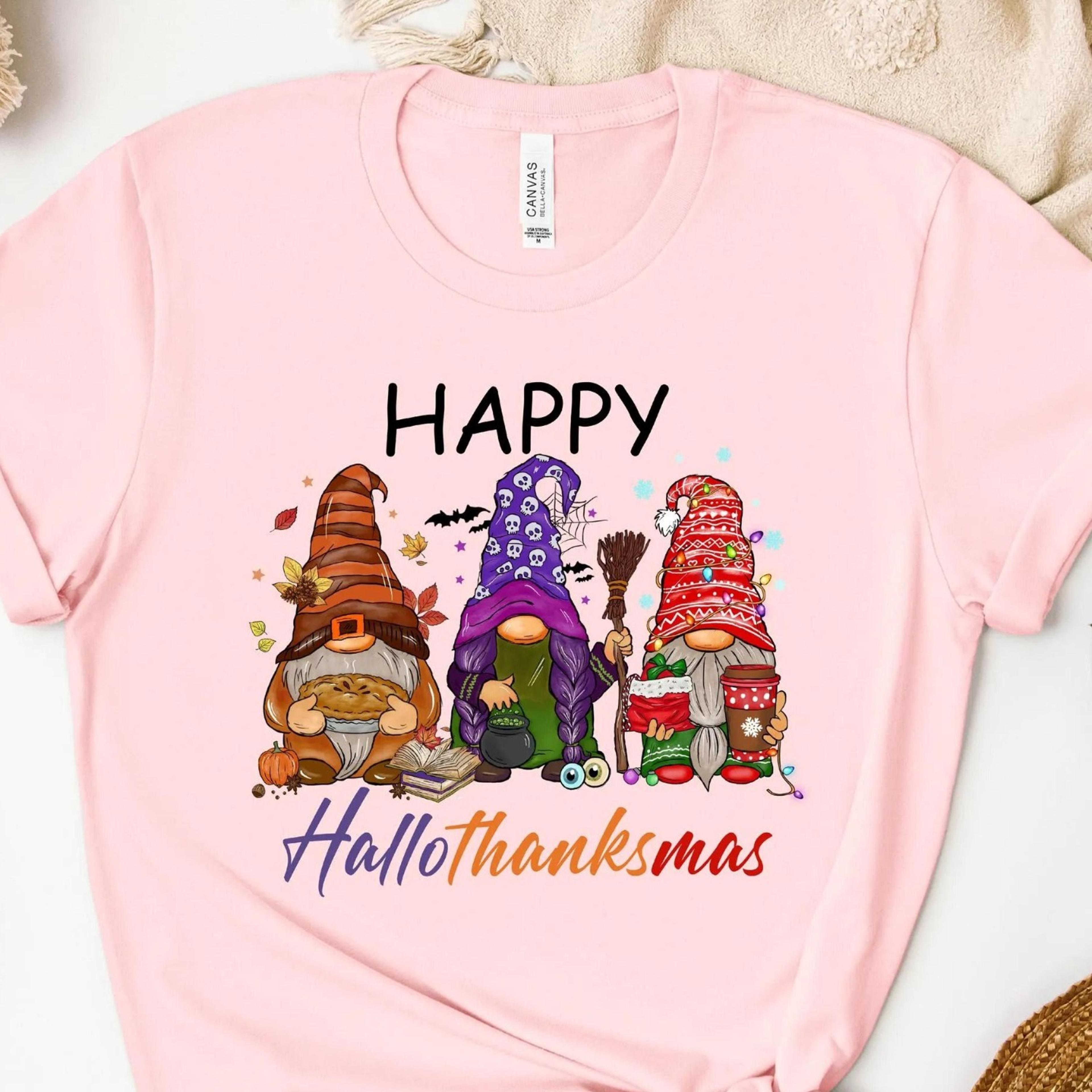 happy hallothanksmas shirt holiday gnomes fall thanksgiving christmas tee