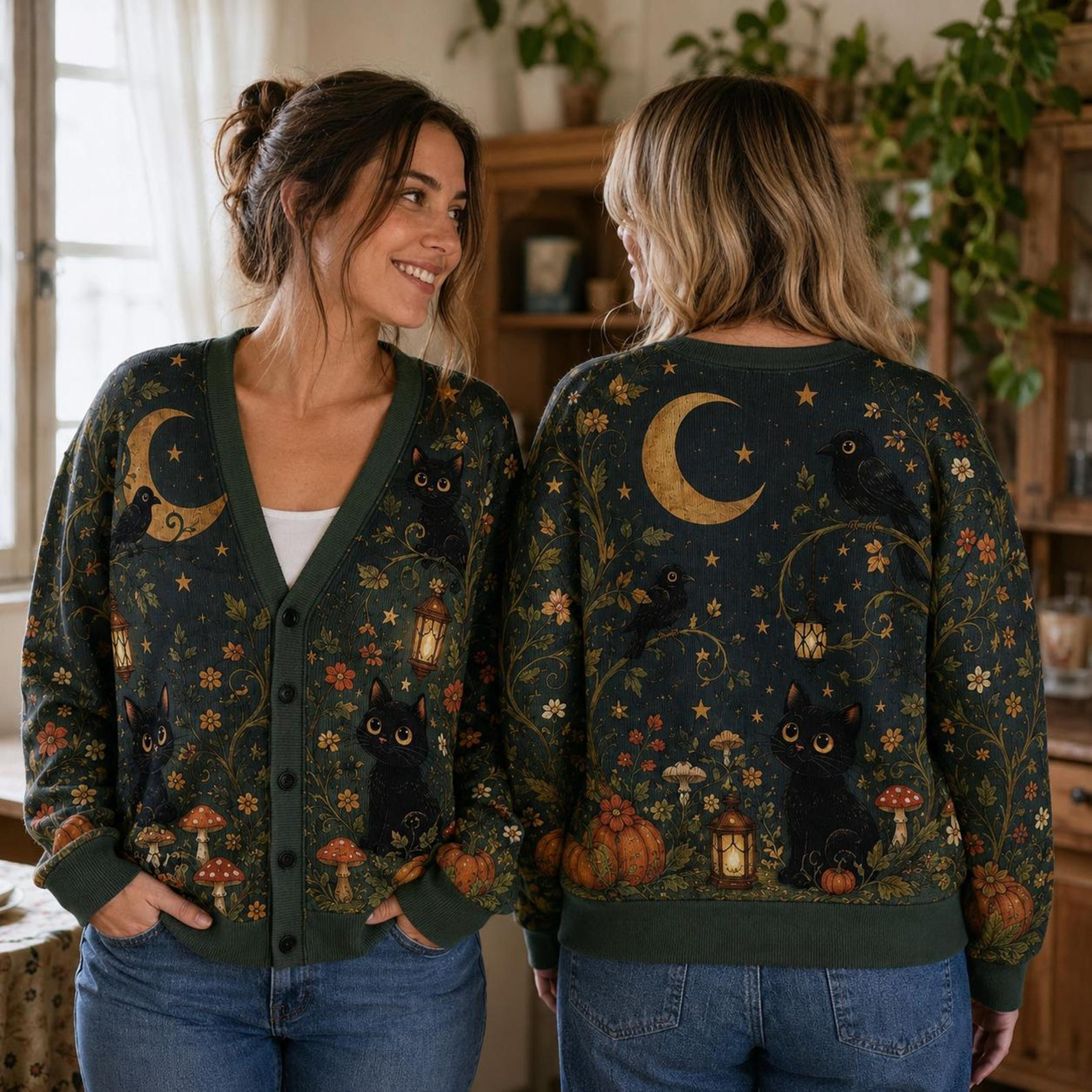 black cat moon halloween cardigan, dark cottagecore raven pumpkin sweater, unisex adult spooky fall cardigan