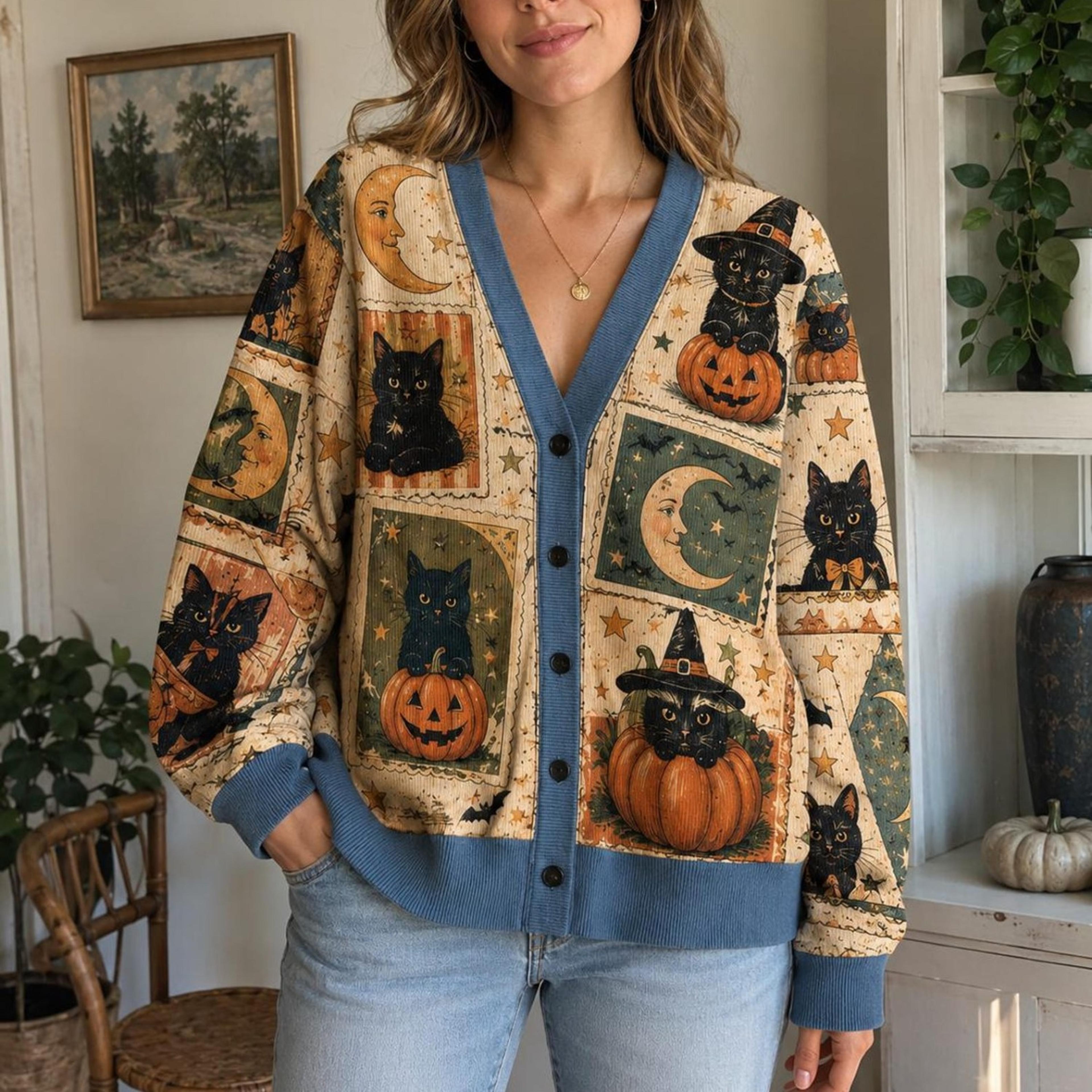 vintage black cat halloween cardigan, pumpkin moon patchwork sweater, unisex adult spooky autumn cardigan