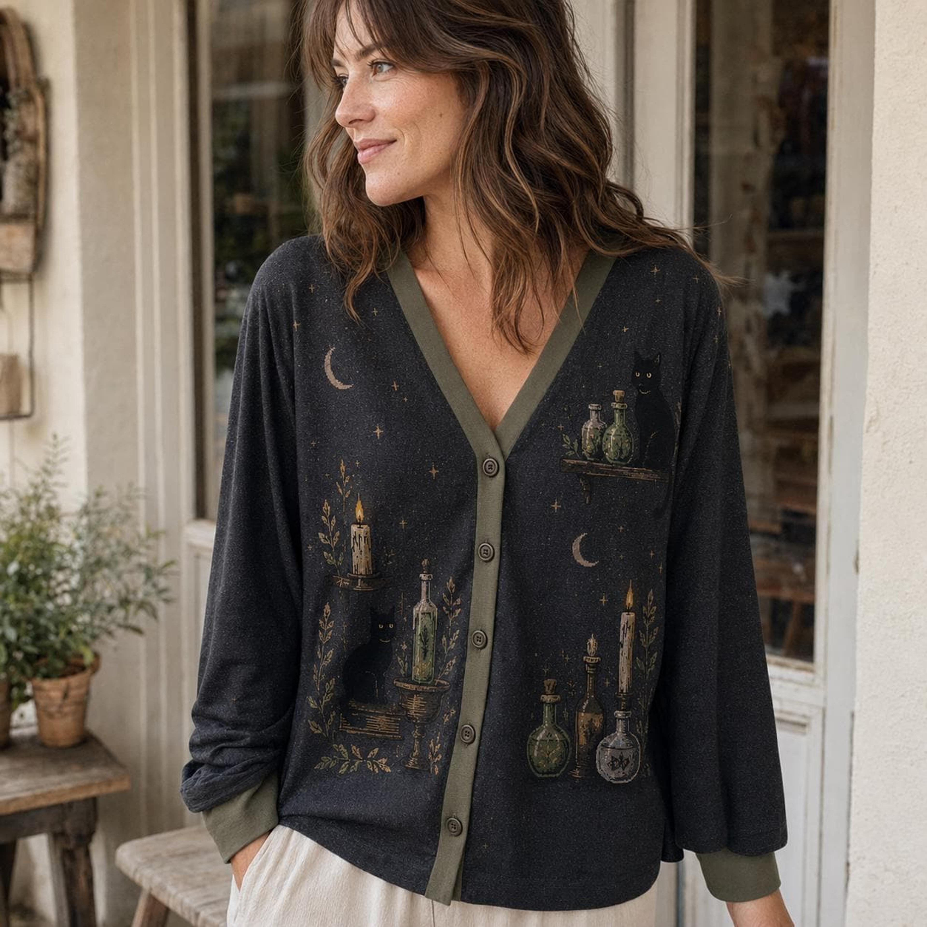 black cat potion halloween cardigan, witchy candle moon sweater, dark cottagecore unisex adult spooky cardigan